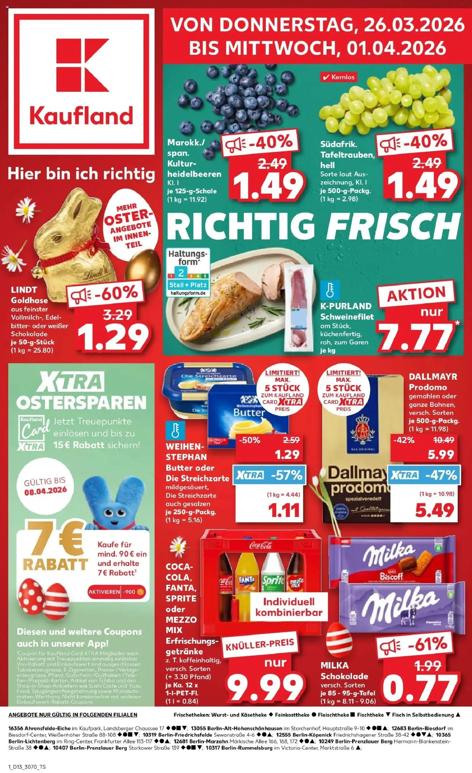 Vorschau von dem Prospekt des Geschäftes Kaufland, gültig ab dem 26.03.2026 - Butter, Schokolade, Fisch, Milka schokolade, Dallmayr, Fanta, Sprite, Oder mezzo mix