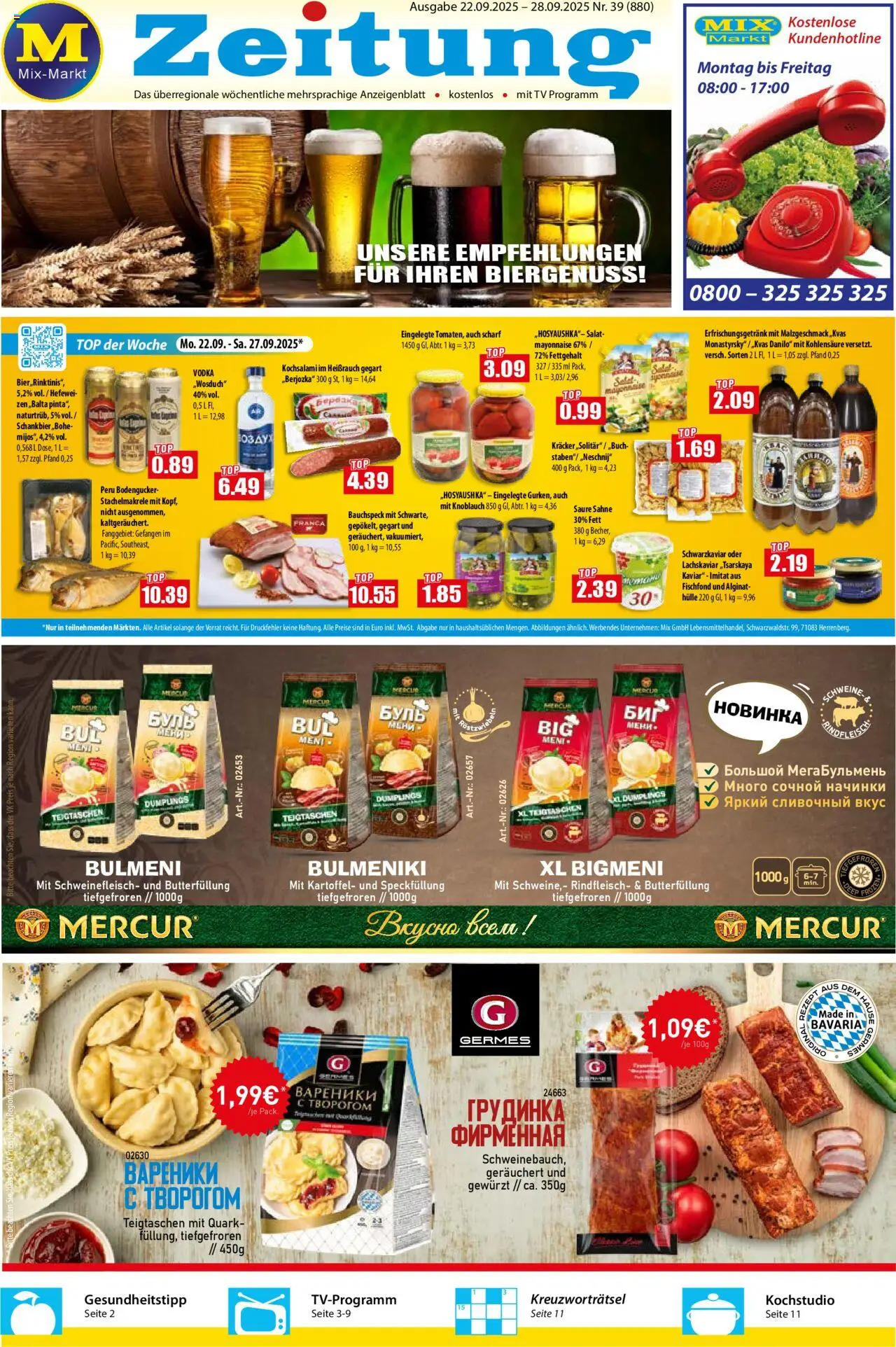 Mix Markt Prospekt (vom 22.09.2025 - 28.09.2025) - TV, Quark, Top, Mayonnaise, Knoblauch, Vodka, Sahne, Hülle