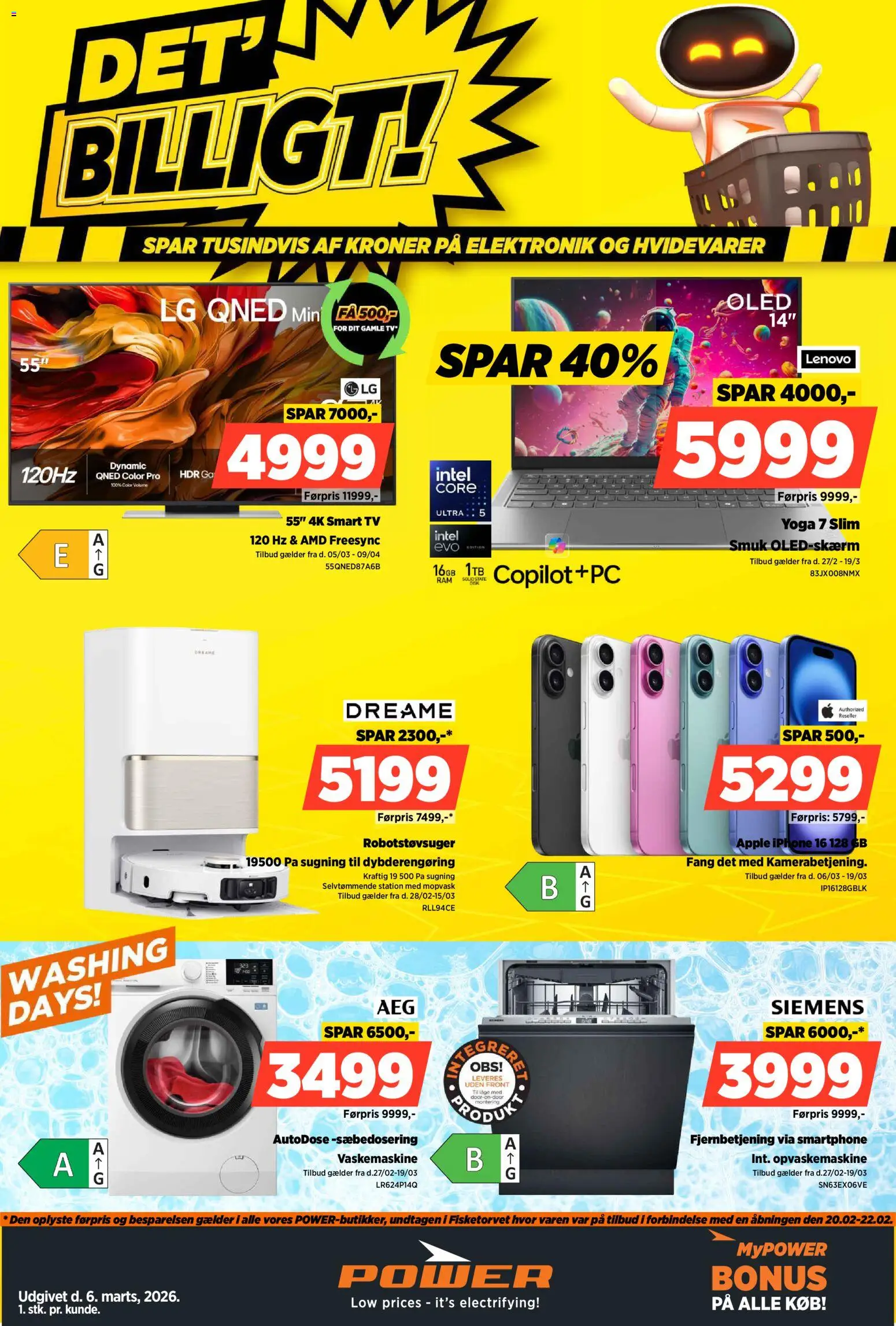 Eksempel på tilbudsavis Power - Det'Billigt! fra butik Power gyldig fra 03/04/2026 - TV, Vaskemaskine, Robotstøvsuger, Opvaskemaskine, Smartphone, Smart TV