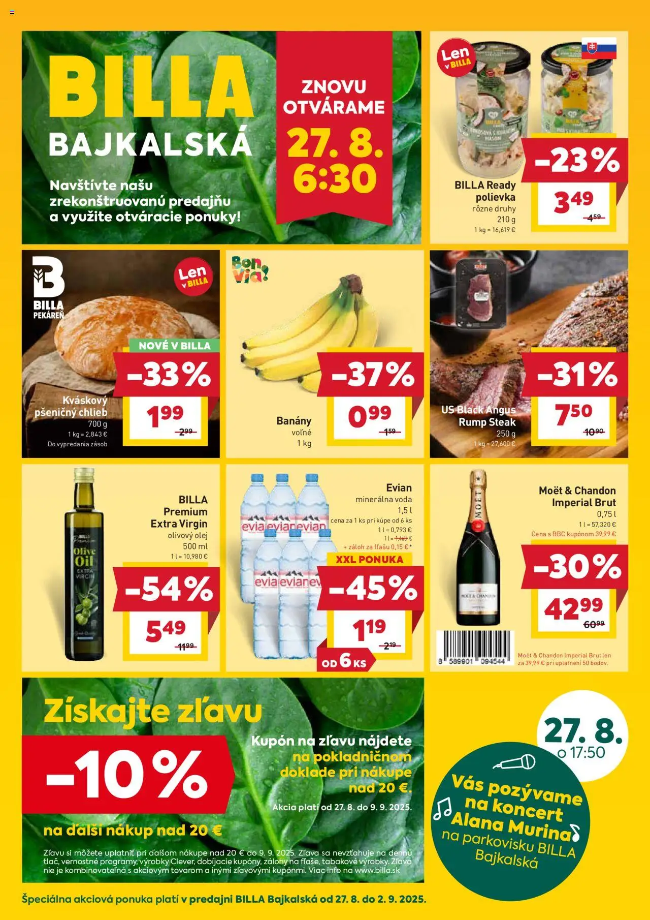 Billa leták od 27.08.2025 > Bajkalská online - Pekáreň, Voda, Steak, Olej, Olivový olej, Rump steak, Minerálna voda, Banány