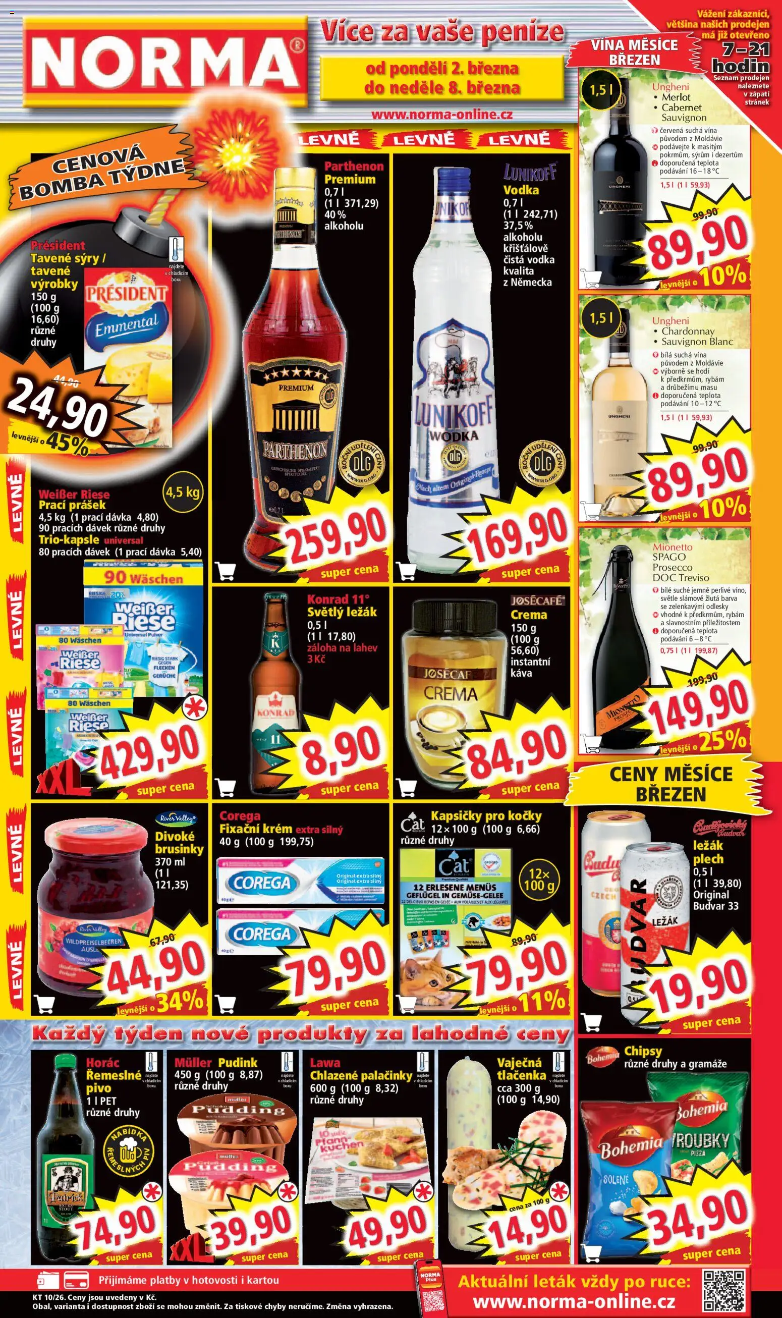 Náhled nabídky: Norma Leták platný od 02.03.2026 - Palačinky, Pivo, Vodka, Budvar, Plech, Krém, Mionetto, Prosecco DOC