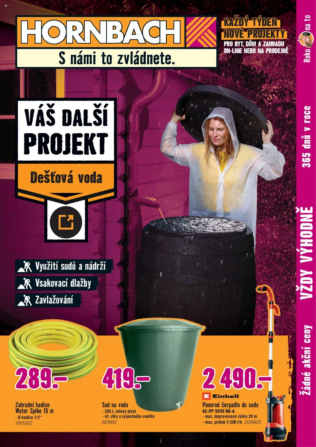  HORNBACH Leták - Dešťová voda (16.07.2025 - 30.07.2025) - Voda, Zahradní hadice, Sud na vodu, Ponorné čerpadlo, Čerpadlo, Hadice, Čerpadlo do sudu