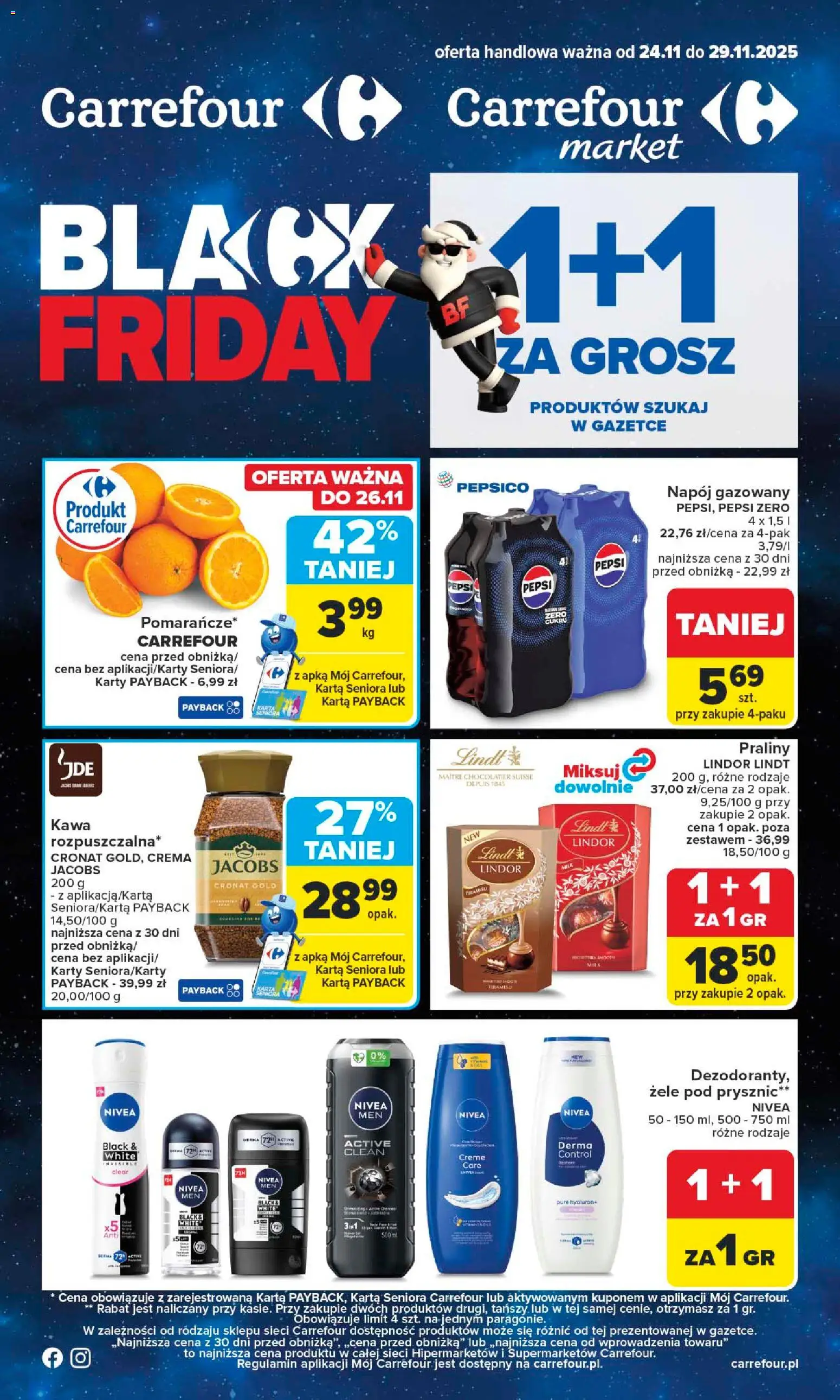 Pogląd gazetki "Black Friday" ze sklepu Carrefour ważnej od 24.11.2025 - Kawa, Jacobs, Lindt, Prysznic, Pepsi, Lindor, Karta, Praliny