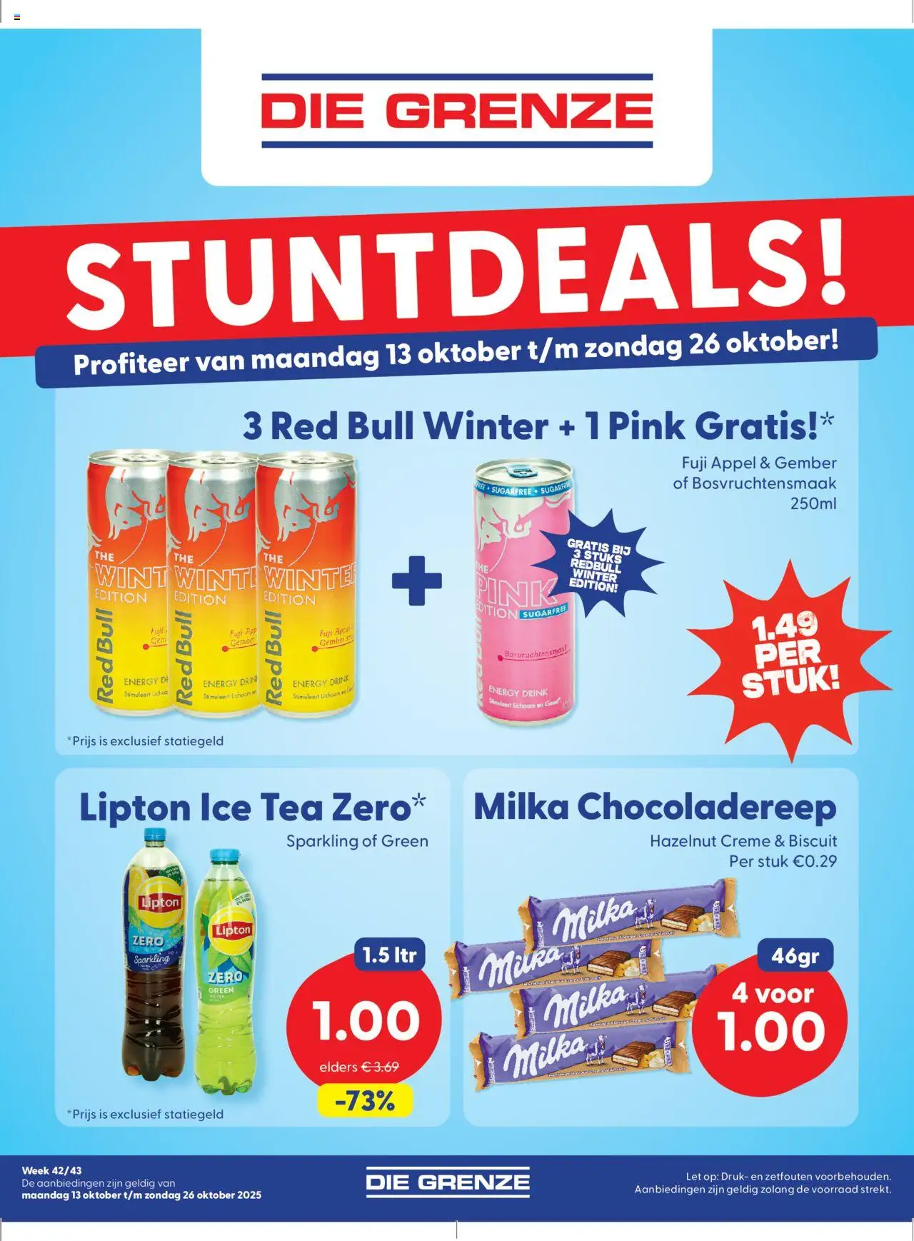 Voorbeeld van Folder week 42/43 van winkel Die Grenze geldig vanaf 13-10-2025 - Red Bull, Appel, Gember, Chocoladereep, Ice Tea, Crème