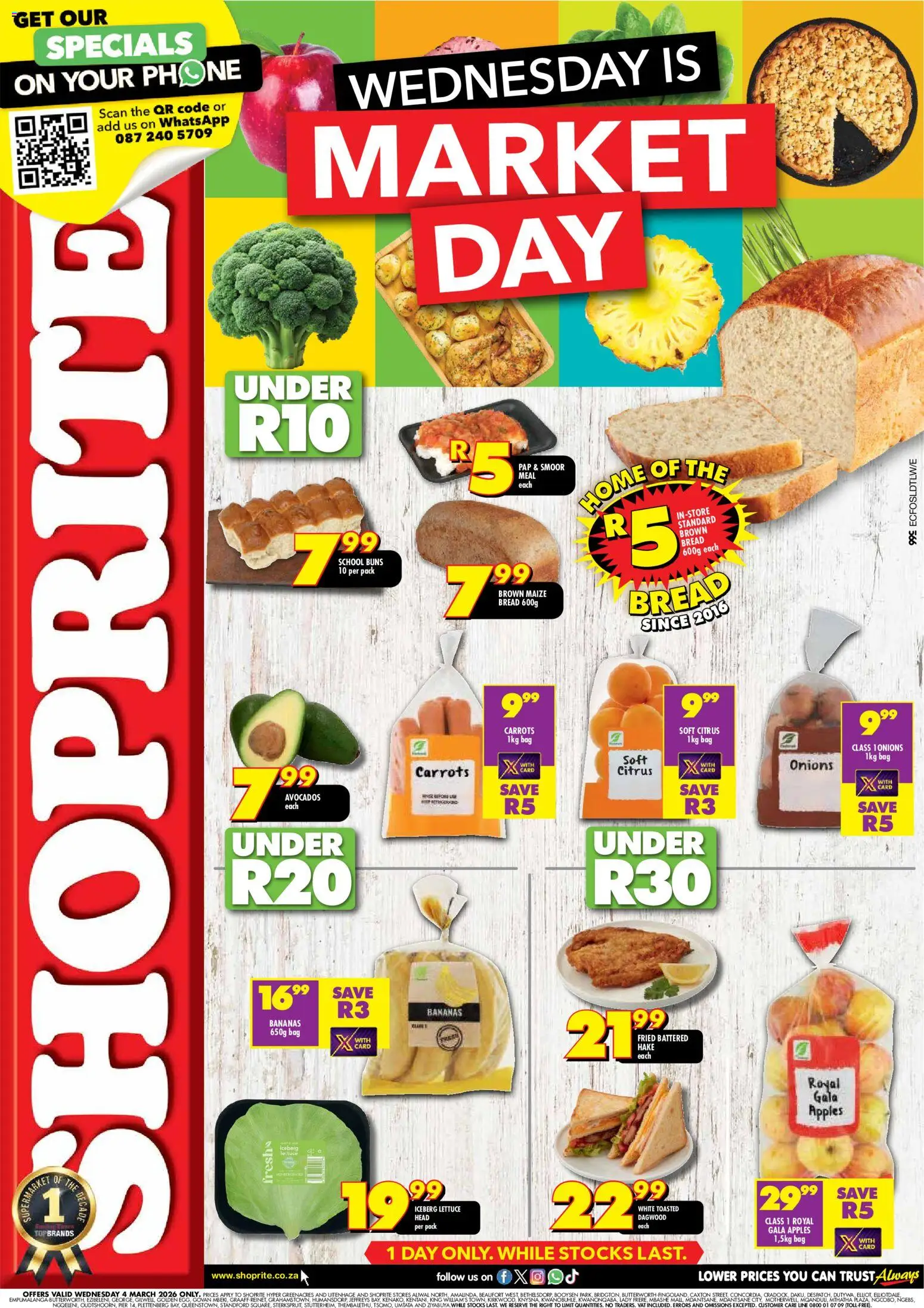 Preview of Shoprite flyer valid from 04/03/2026 - Phone, Bag, Bread, Bananas, Carrots, Onions, Lettuce, Buns