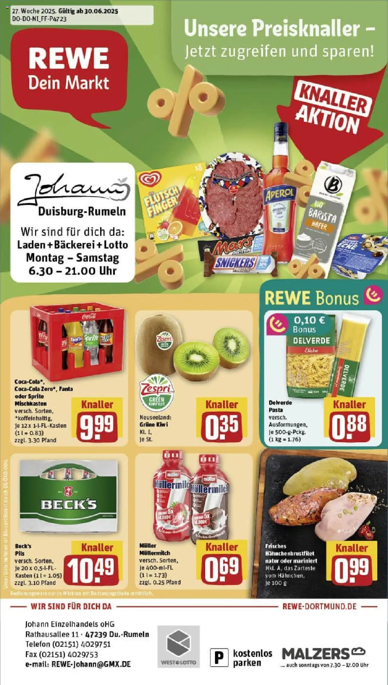 REWE Prospekt ab 29.06.2025 nächste Woche - Prospekt Duisburg / Rumeln - Bäckerei, Uhr, Kiwi, Met, Fanta, Müllermilch, Pils, Muller mullermilch