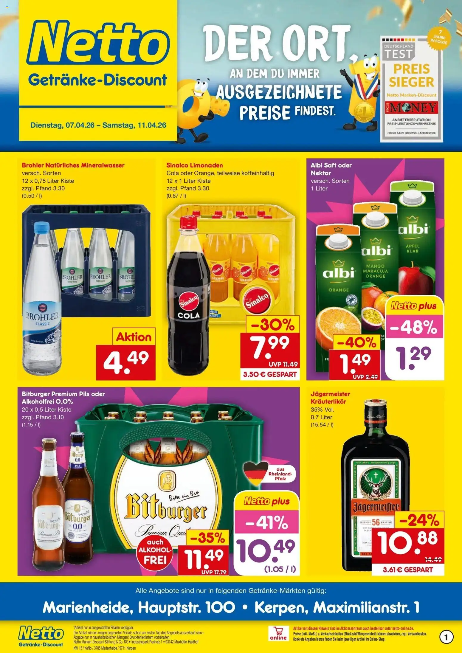 Vorschau von dem Prospekt des Geschäftes Netto Marken-Discount, gültig ab dem 07.04.2026 - Mango, Burger, Äpfel, Jägermeister, Mineralwasser, Alkohol, Bitburger, Pils