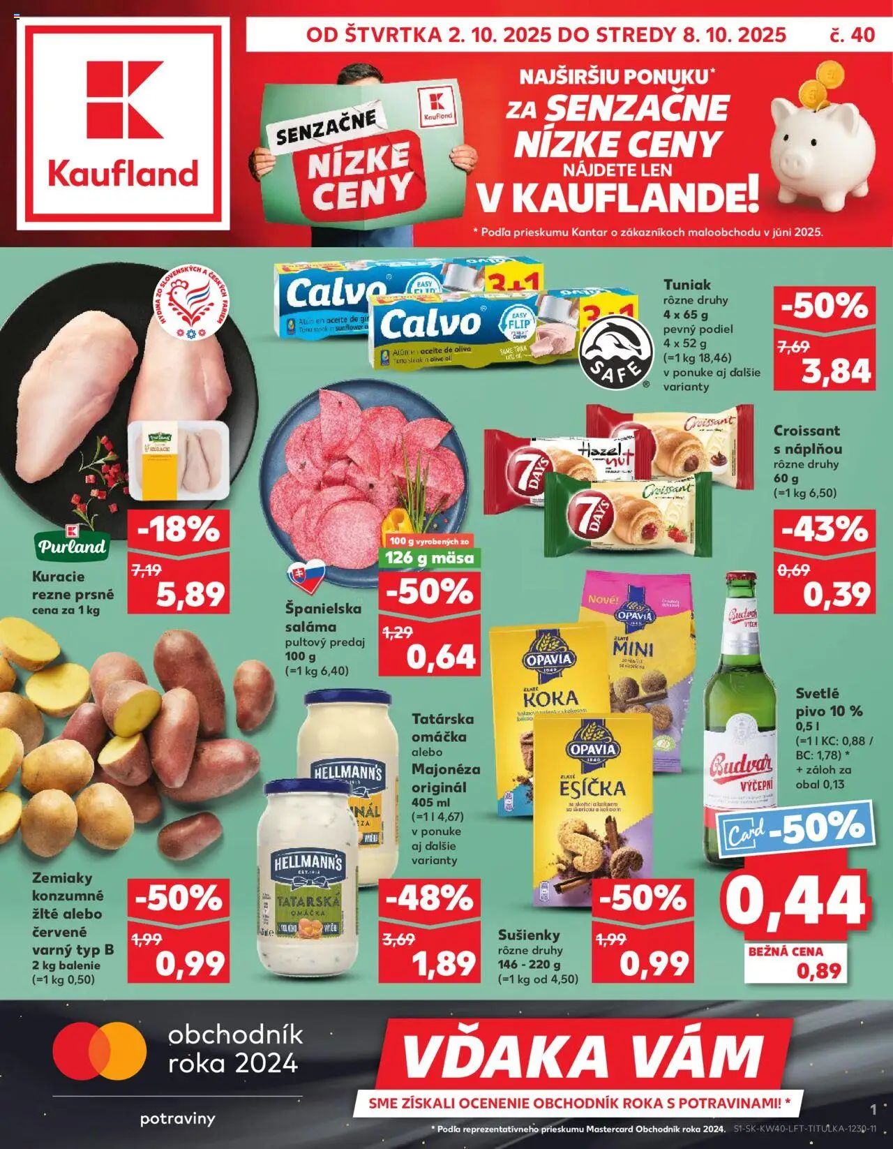 Kaufland leták od 02.10.2025 - Považská Bystrica-Centrum - Pivo, Croissant, Tuniak, Kuracie rezne, Zemiaky, Tatárska omáčka, Omáčka, Saláma