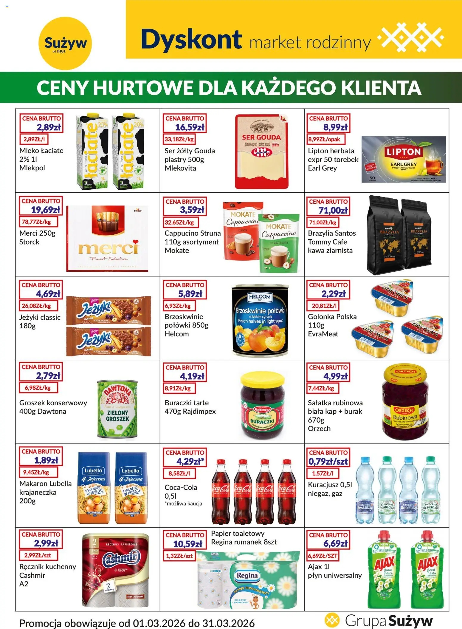 Pogląd gazetki "Sużyw gazetka - Dyskont" ze sklepu Sużyw ważnej od 01.03.2026 - Kawa, Herbata, Makaron, Sałatka, Brzoskwinie, Burak, Ser gouda, Merci 250g