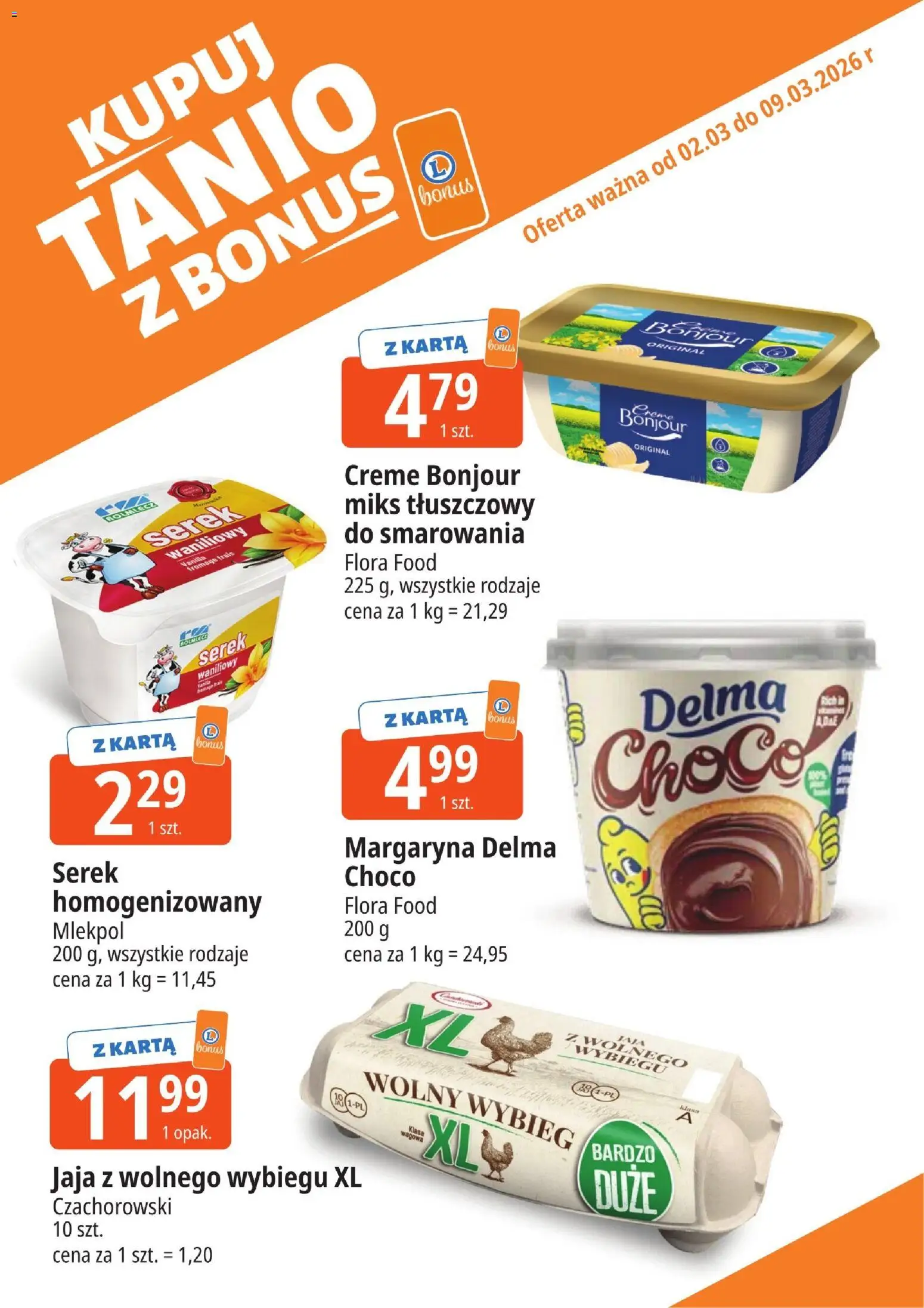 Pogląd gazetki "E.Leclerc gazetka - Zielona Góra kupony dodatkowe" ze sklepu E.Leclerc ważnej od 02.03.2026 - Karta, Serek homogenizowany, Margaryna, Jaja, Serek, Serek waniliowy, Serek do smarowania