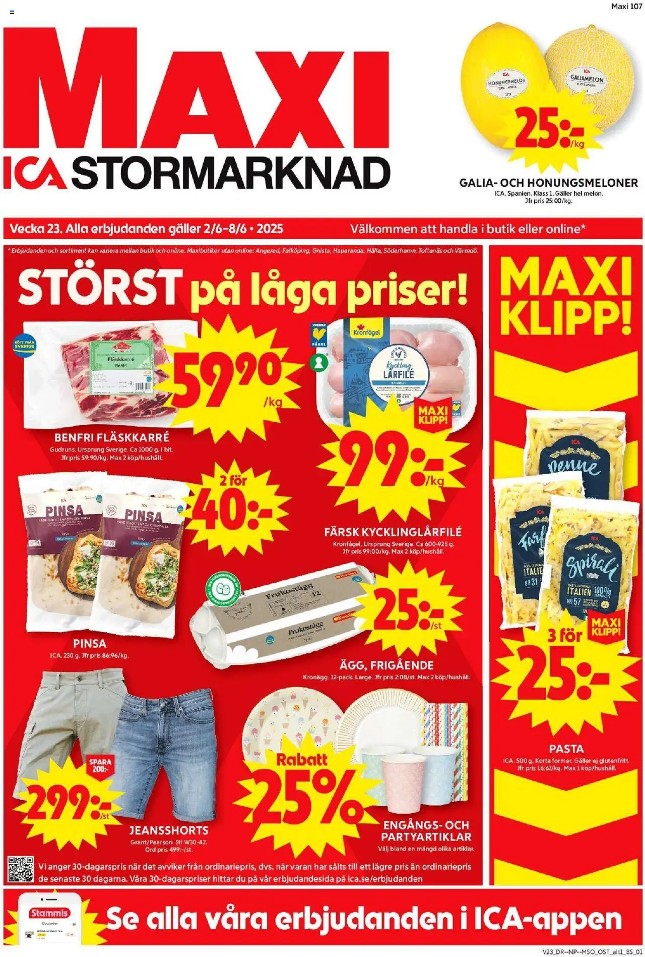 Haninge är giltig 02/06 2025 > Veckans Erbjudanden gäller från 02/06/2025 till 08/06/2025 sidnummer 1 - Honungsmelon, Galler, Fläskkarré, Pasta