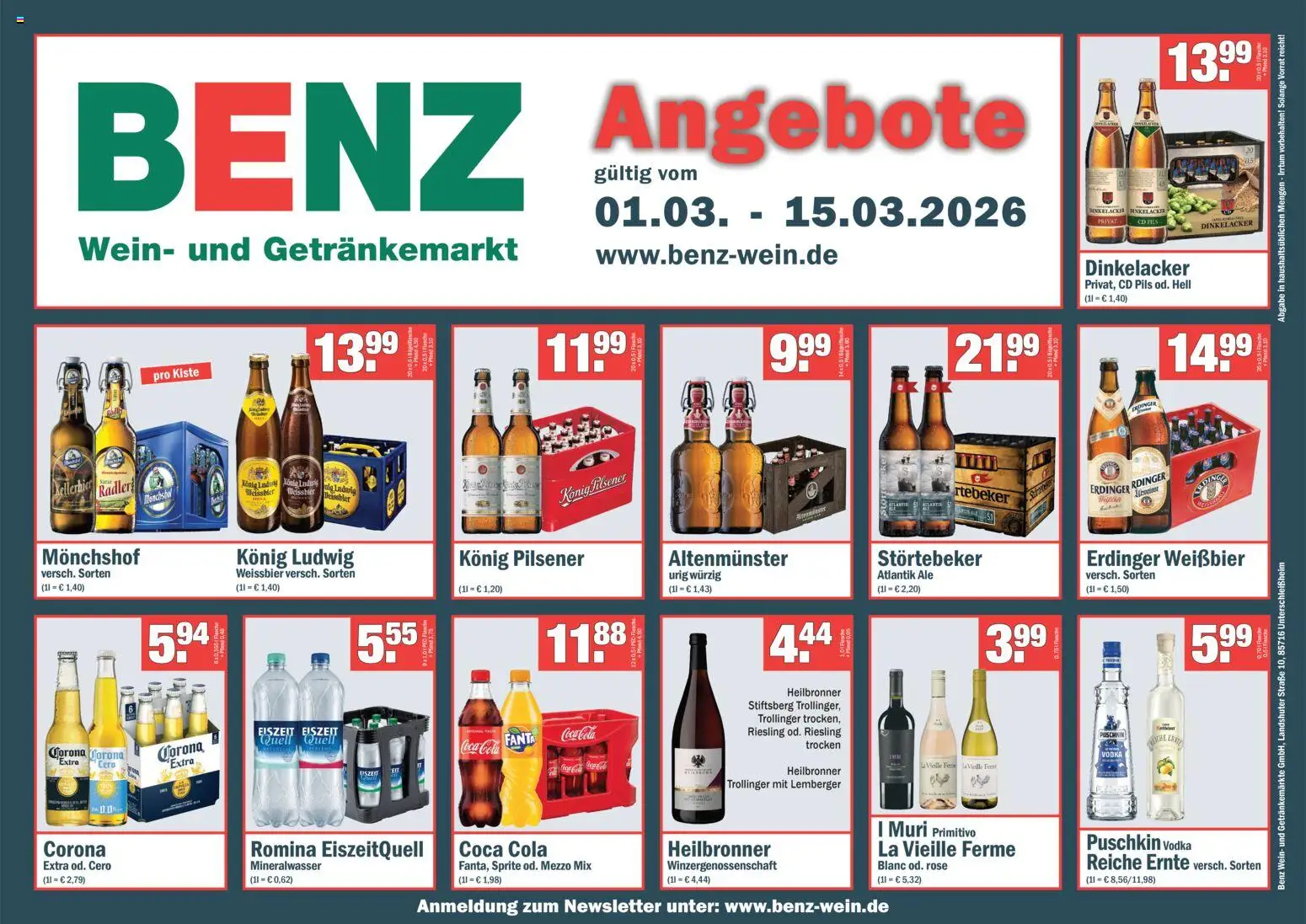 Vorschau von dem Prospekt des Geschäftes Benz Getränke, gültig ab dem 01.03.2026 - Coca cola, Wein, Cola, Vodka, Sprite, Mezzo mix, Weißbier, Monchshof