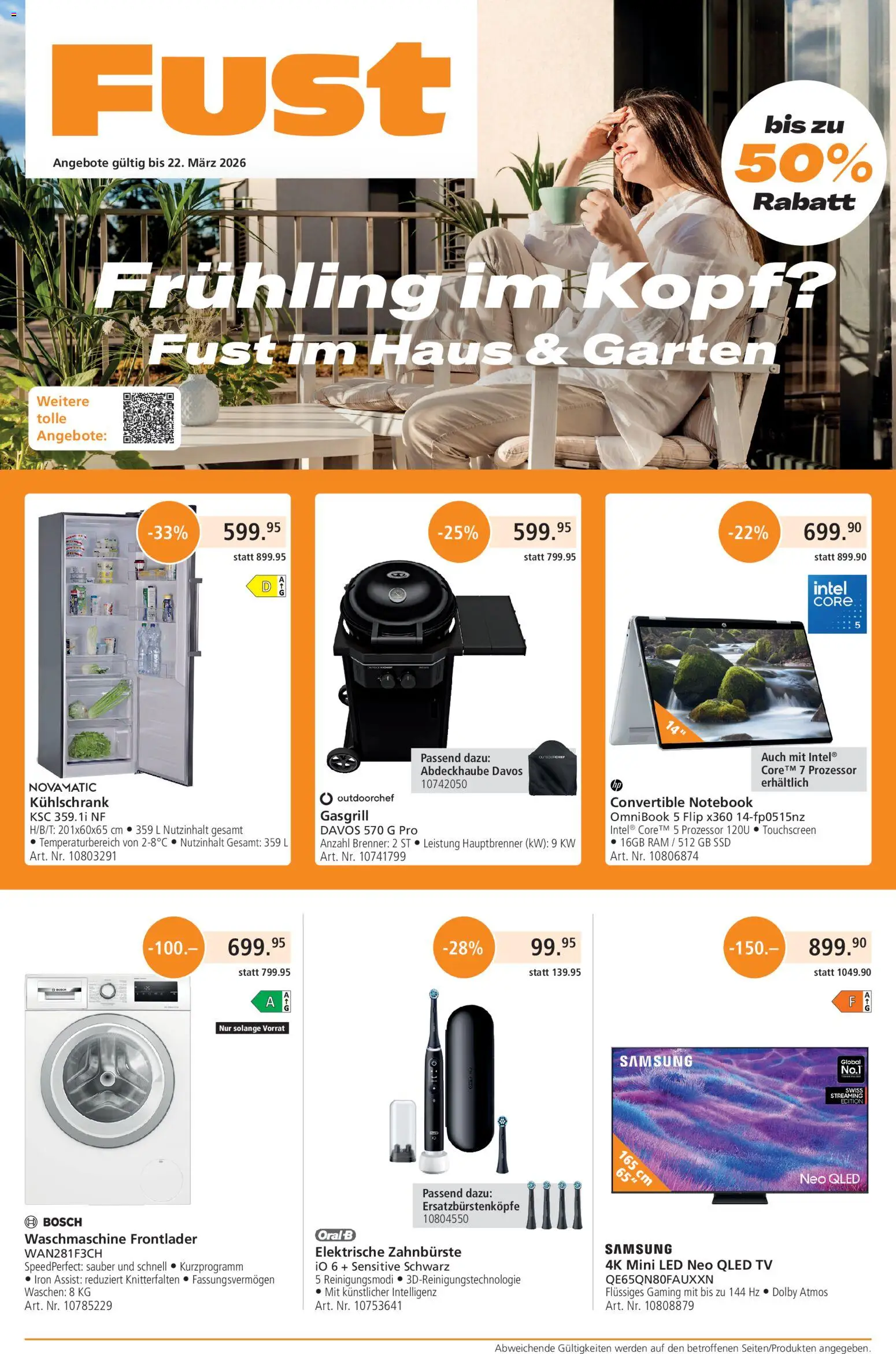 Vorschau des Merkblatts Aktionen vom Shop Fust gültig von 23.02.2026 bis 22.03.2026 - Samsung, TV, Kühlschrank, Waschmaschine, Bosch, Elektrische zahnbürste, Notebook, Zahnbürste