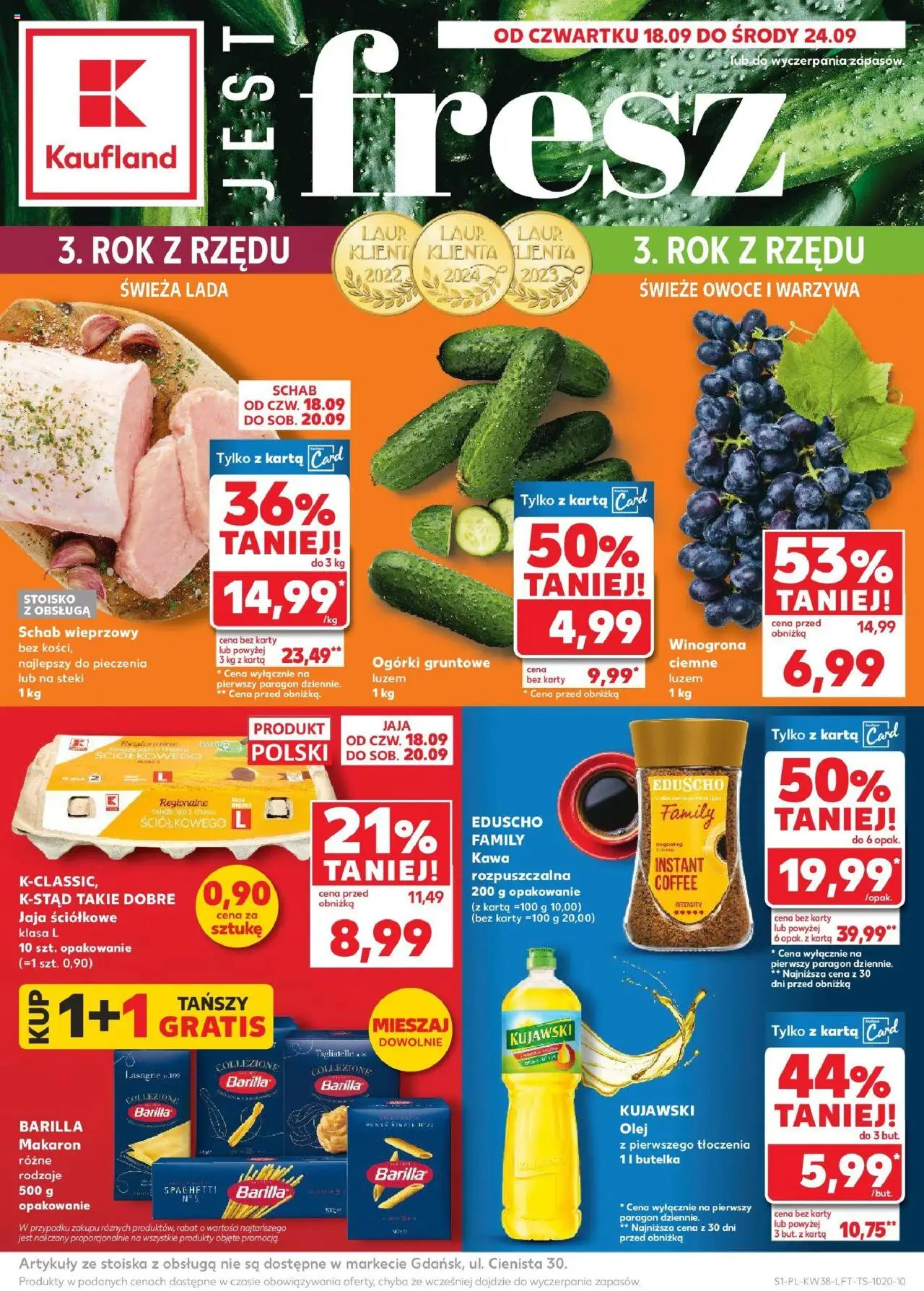 Pogląd gazetki "Nowa gazetka" ze sklepu Kaufland ważnej od 18.09.2025 - Makaron, Owoce, Warzywa, Olej, Winogrona, Jaja, Schab wieprzowy, Kawa instant