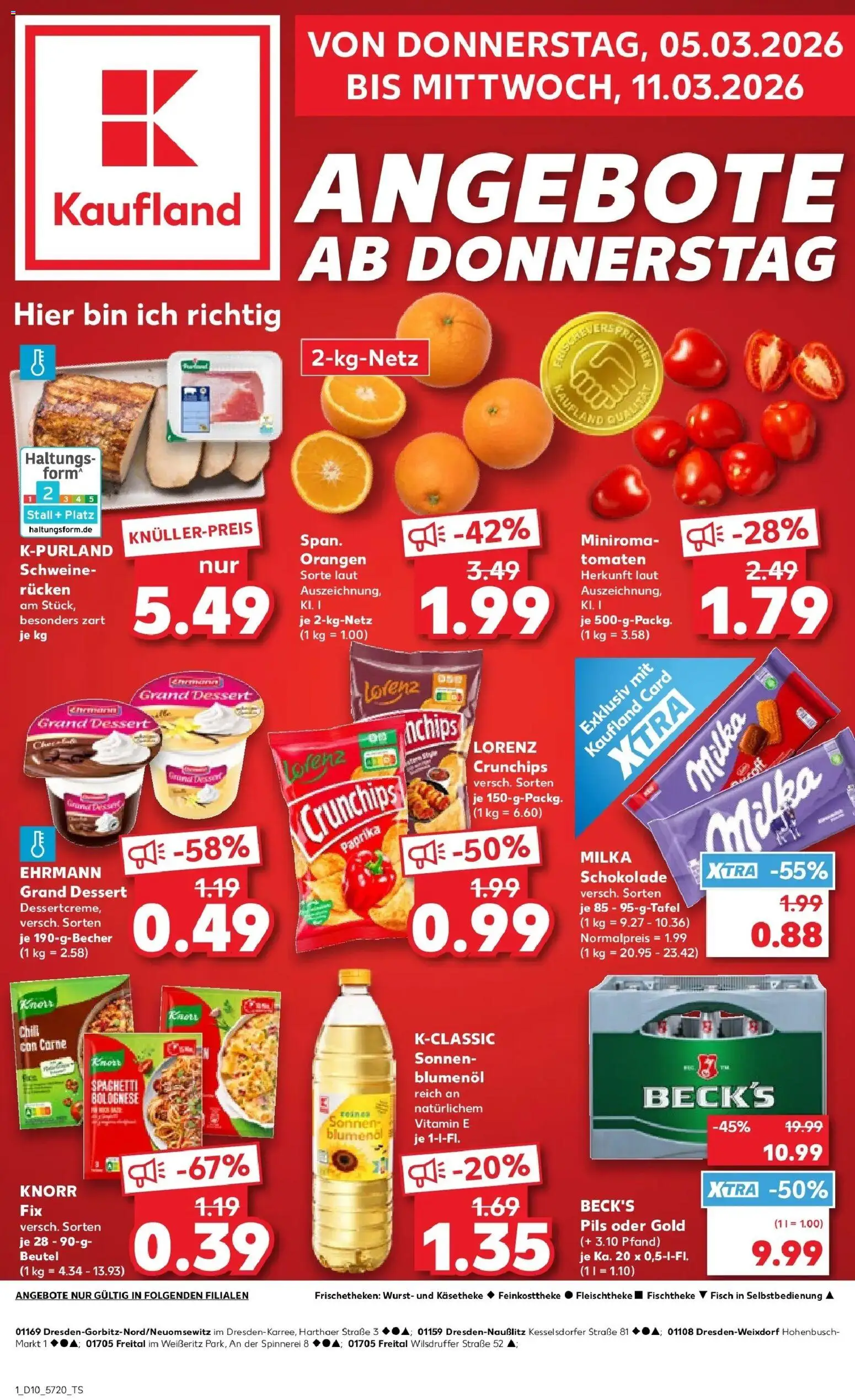 Vorschau von dem Prospekt des Geschäftes Kaufland, gültig ab dem 05.03.2026 - Wurst, Milka, Paprika, Knorr, Knorr fix, Orangen, Pils, Lorenz crunchips