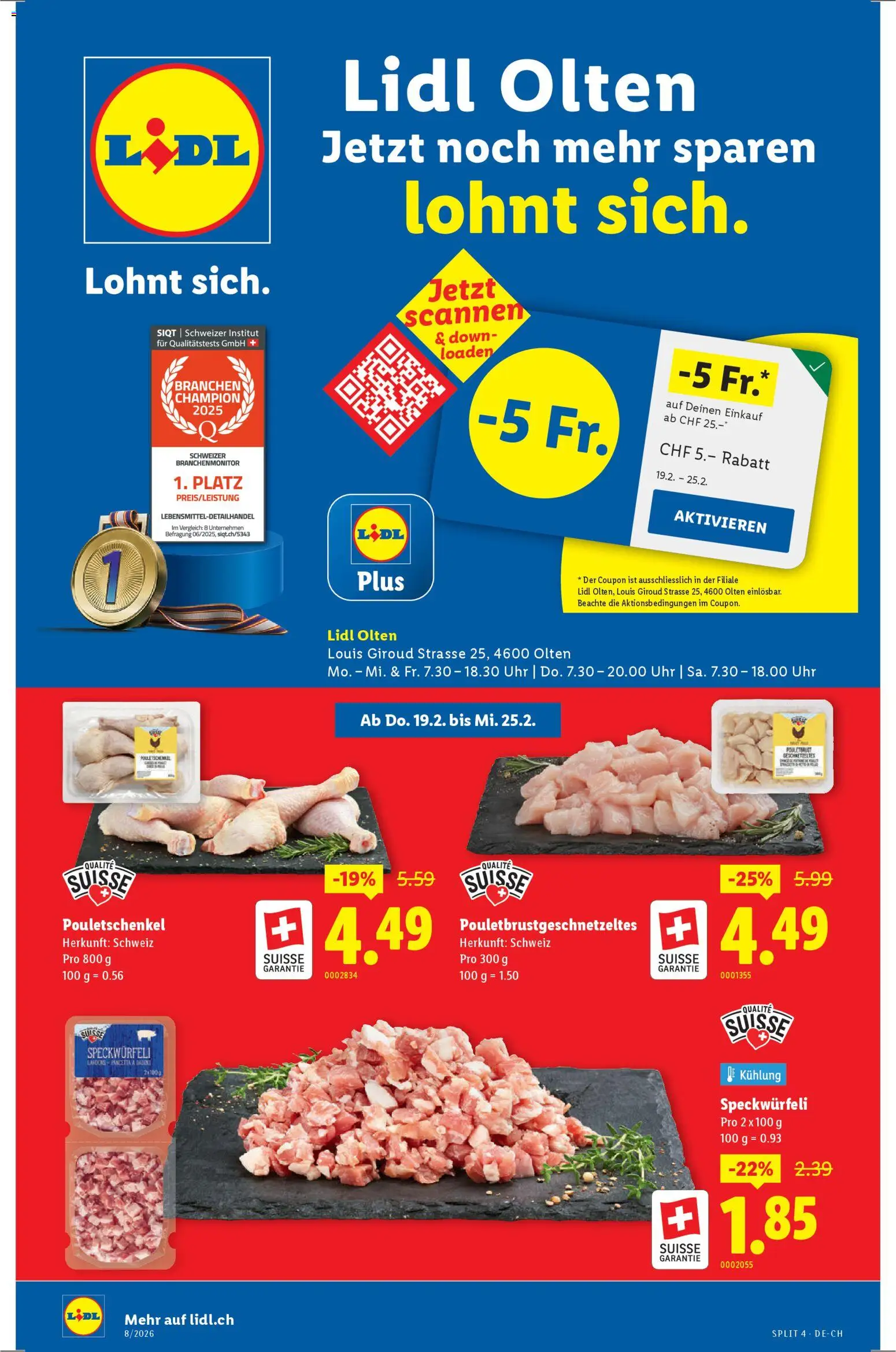 Vorschau des Merkblatts Aktionen Neueröffnung Olten vom Shop Lidl gültig von 19.02.2026 bis 25.02.2026 - Uhr, Mais, Pouletbrust