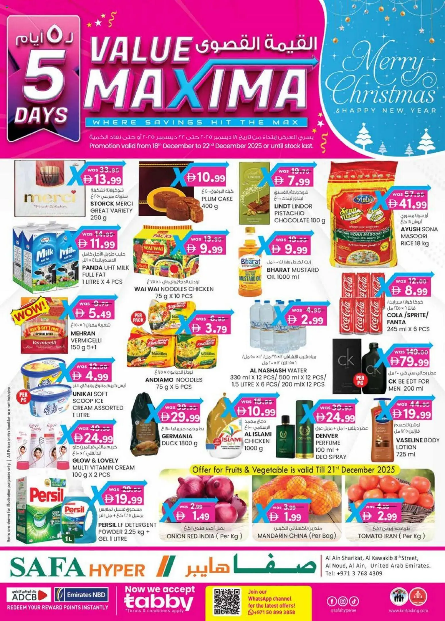 Preview of the catalogue Value Maxima Safa hyper AI Khrair AI Ain Edition of store KM Trading valid from 18 Dec, 2025 - Chocolate, Cake, Water, Noodles, Bag, Oil, Mustard, Powder