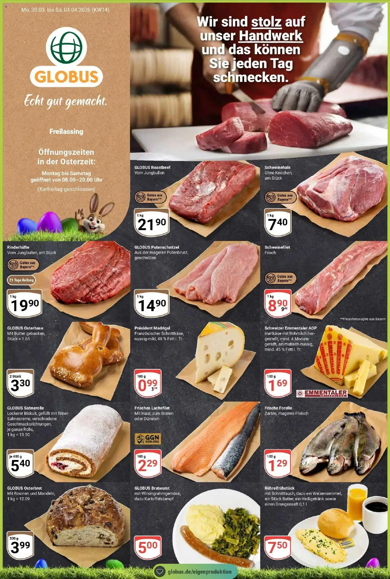 Vorschau von dem Prospekt des Geschäftes Globus, gültig ab dem 30.03.2026 - Uhr, Butter, Roastbeef, Fleisch, Schweinefilet, Orangensaft, Rosinen, Putenschnitzel
