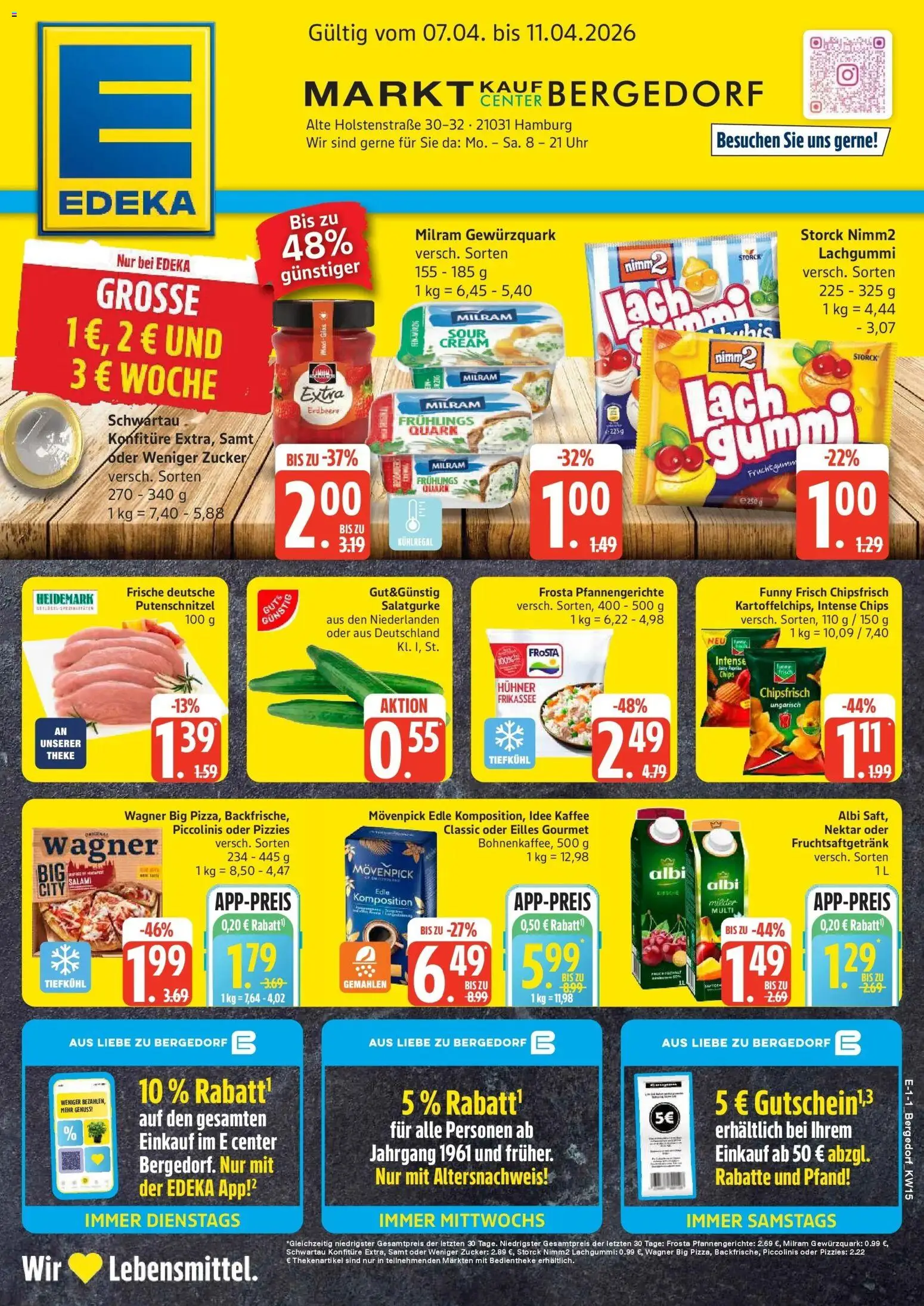 Vorschau von dem Prospekt des Geschäftes Edeka, gültig ab dem 05.04.2026 - Pizza, Kaffee, Chips, Quark, Frosta, Salami, Putenschnitzel, Milram
