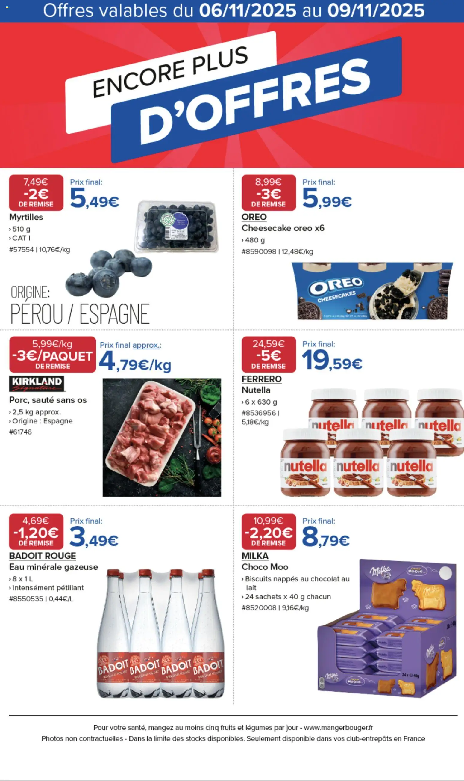 Prévisualisation de Encore plus d'offres Costco du magasin Costco formulaire valide 06/11/2025 - Cheesecake, Chocolat, Fruits, Biscuits, Oreo, Badoit, Eau minérale, Badoit rouge