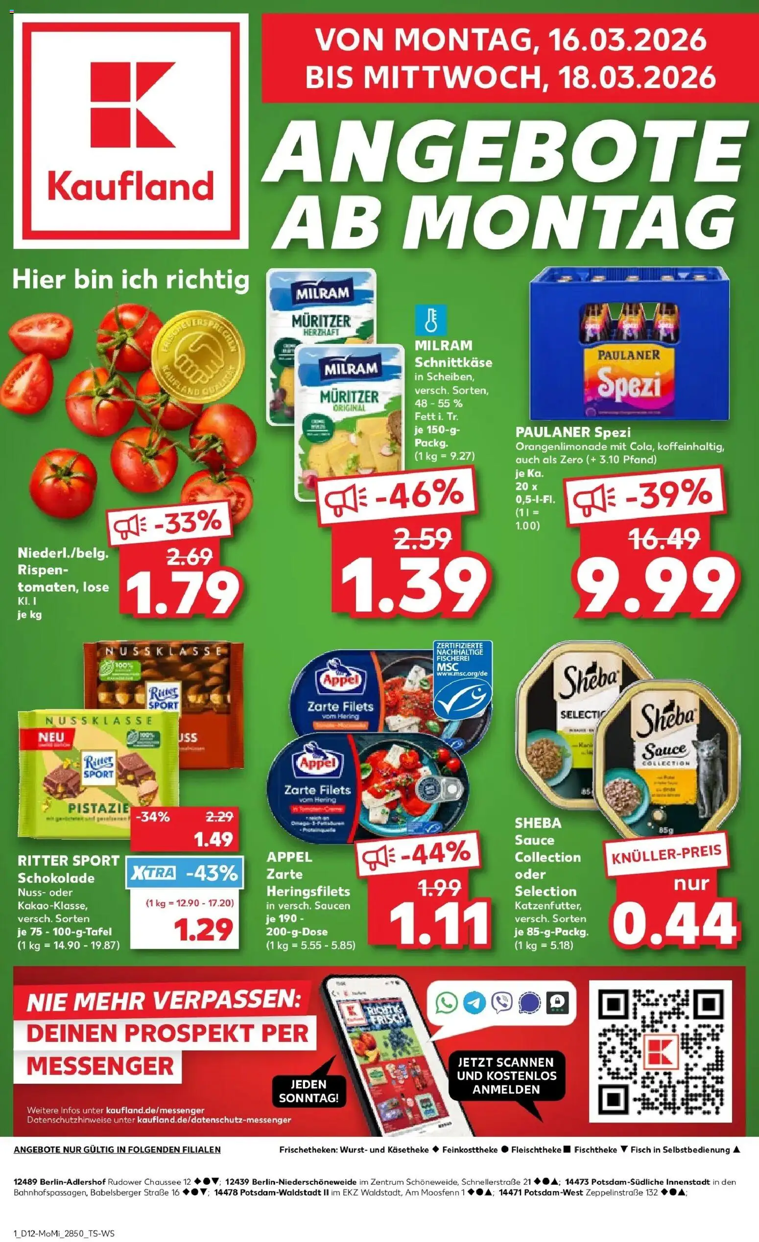 Vorschau von dem Prospekt des Geschäftes Kaufland, gültig ab dem 16.03.2026 - Schokolade, Fisch, Wurst, Ritter sport, Paulaner spezi, Paulaner, Sheba, Milram