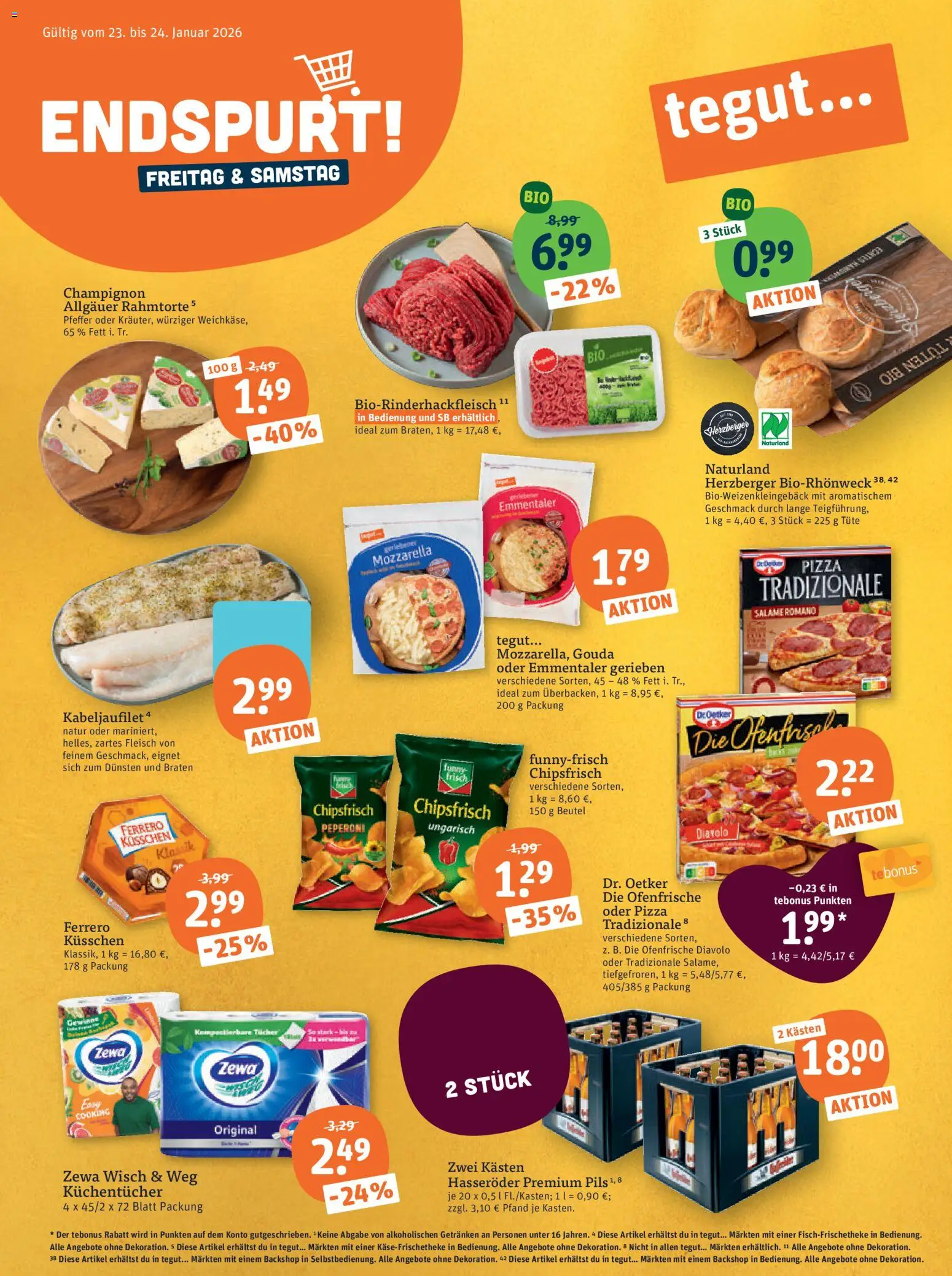 Vorschau von dem Prospekt des Geschäftes Tegut, gültig ab dem 19.01.2026 - Pizza, Mozzarella, Fleisch, Gouda, Pfeffer, Hasseröder, Pils, Ofenfrische