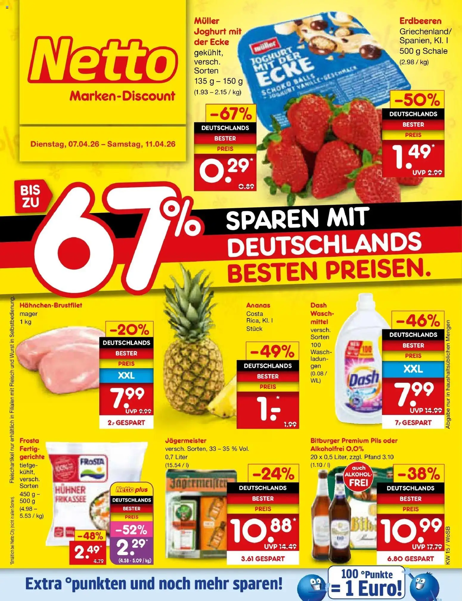 Vorschau von dem Prospekt des Geschäftes Netto Marken-Discount, gültig ab dem 07.04.2026 - Wurst, Jägermeister, Alkohol, Ananas, Fleisch, Frosta, Bitburger, Pils