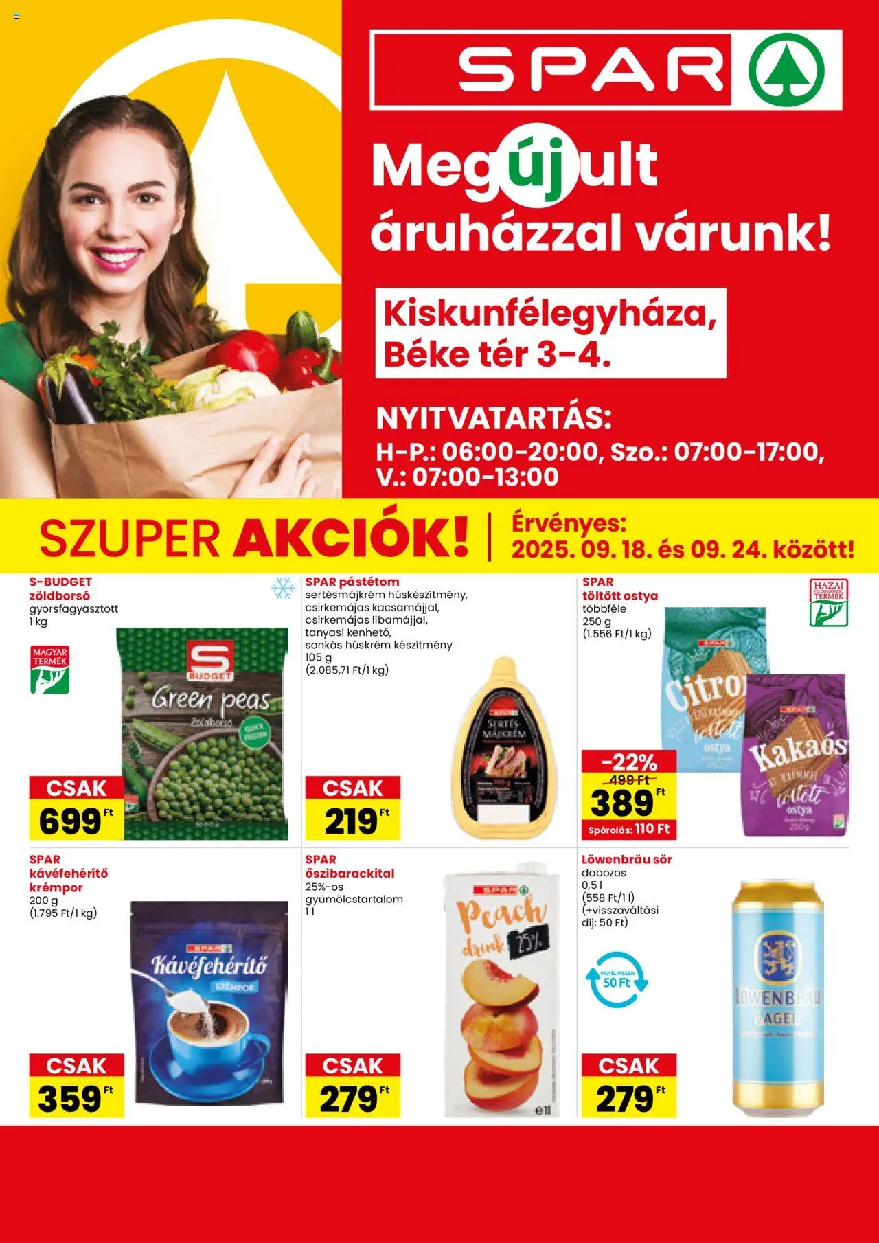 Spar aktuális szórólap, érvényes 2025.09.18.-től - 1 oldal - Sör, Ostya, Pástétom, Löwenbräu, Löwenbräu sör, Töltött ostya, Kávéfehérítő, Gyorsfagyasztott