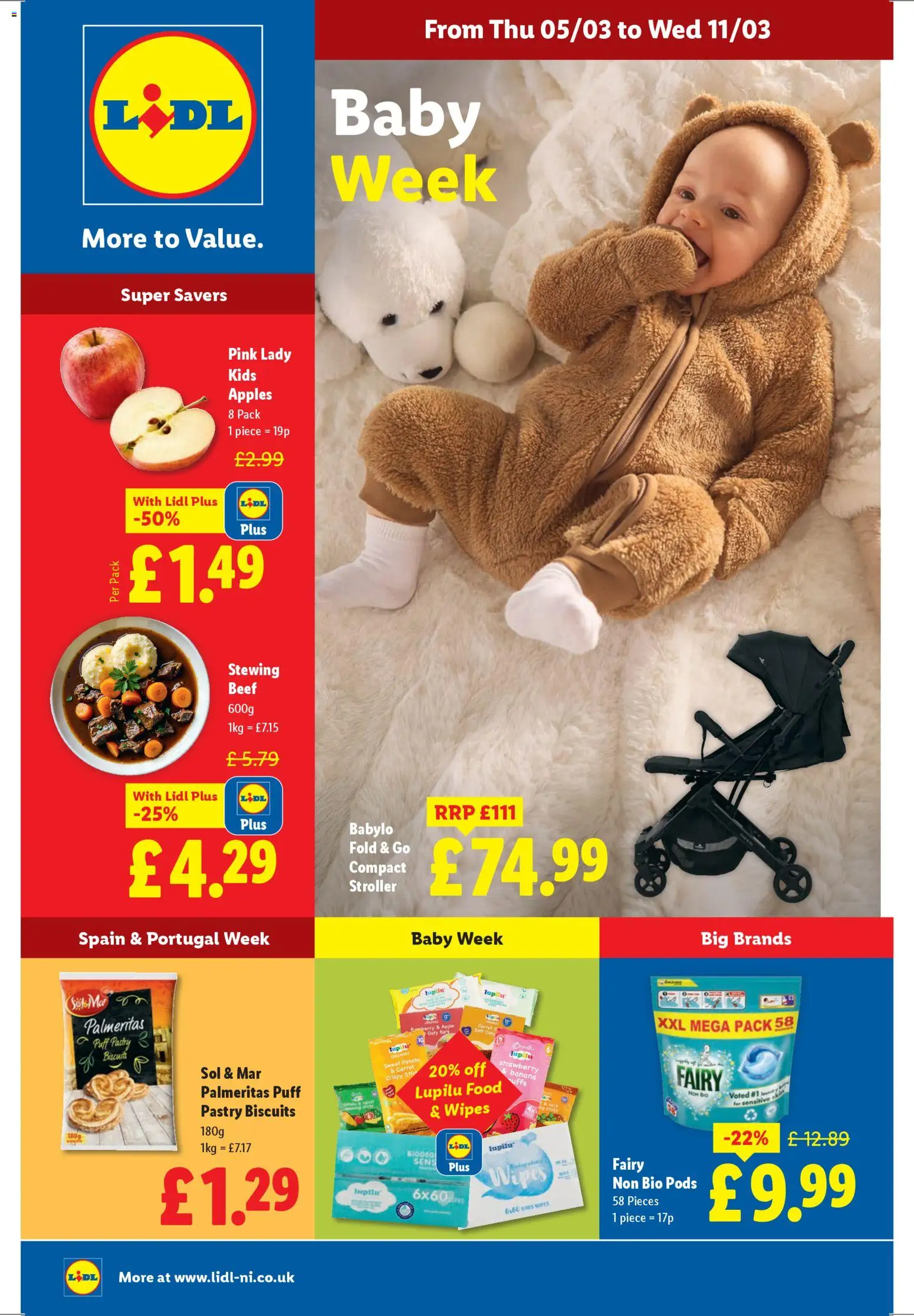 Preview of Lidl Weekly offers valid from 05/03/2026 - Apple, Apples, Strawberry, Biscuits, Carrot, Stroller, Beef, Puff pastry