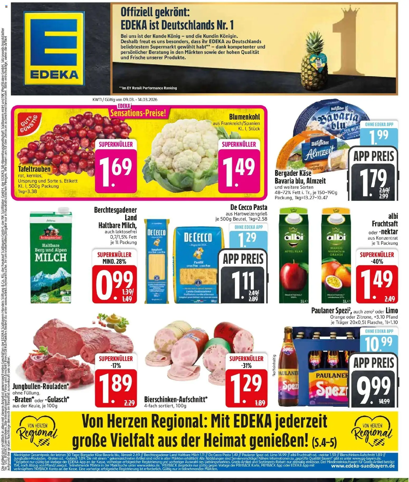 Vorschau von dem Prospekt des Geschäftes E center, gültig ab dem 09.03.2026 - Käse, Pasta, Äpfel, Blumenkohl, Milch, Paulaner spezi, Paulaner, Fruchtsaft