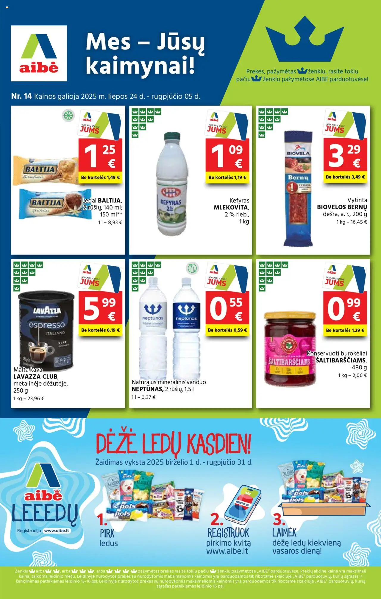 AIBE leidinys galioja nuo 2025.07.24 – puslapio numeris 1 - Ledai, Vanduo, Žaidimas, Dėžė, Kava, Mineralinis vanduo