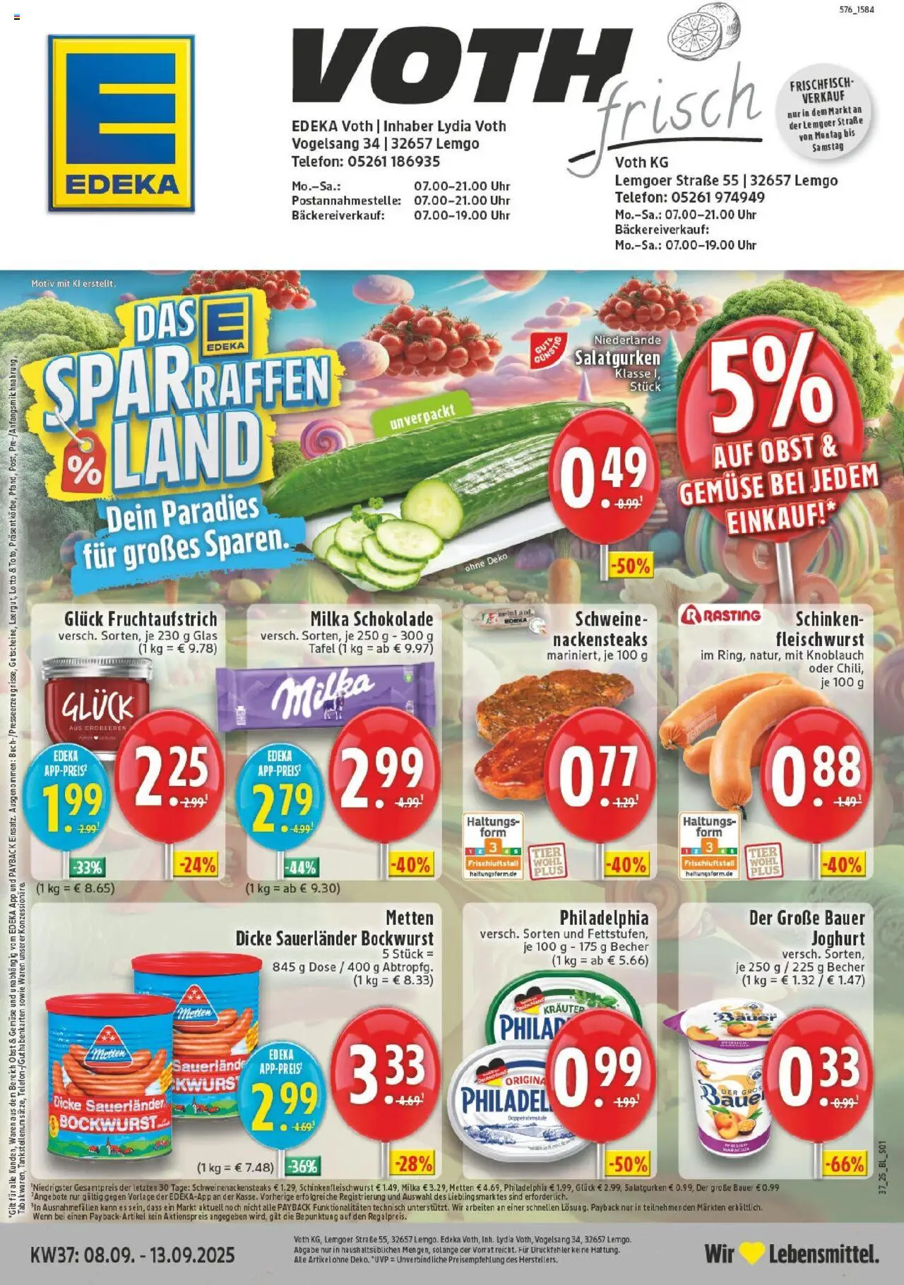 EDEKA Prospekt ab 07.09.2025 - Prospekt Lemgo Online - Uhr, Telefon, Steak, Philadelphia, Milka schokolade, Obst, Schinken, Dicke sauerlander bockwurst