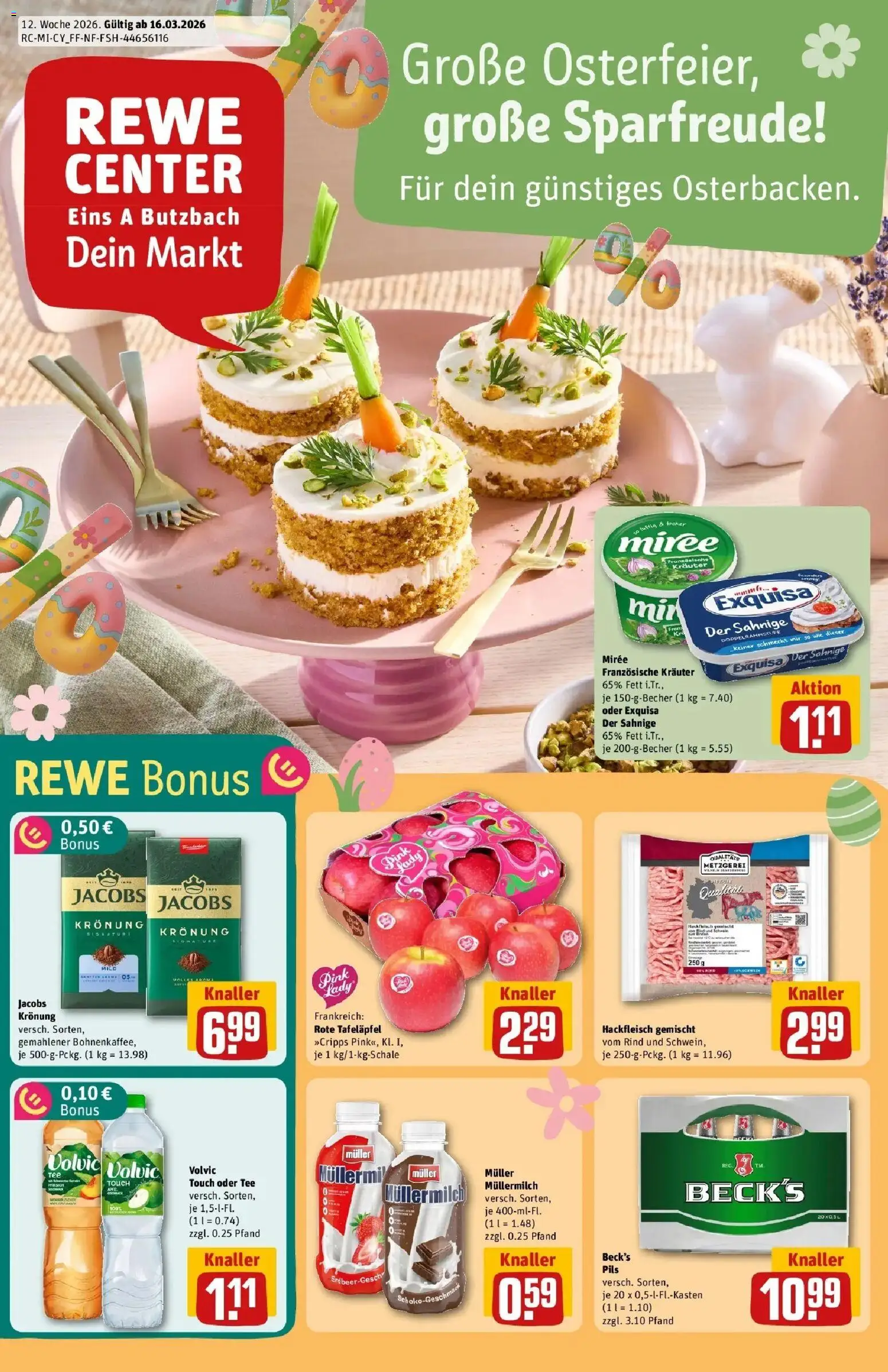 Vorschau von dem Prospekt des Geschäftes Rewe, gültig ab dem 15.03.2026 - Äpfel, Tee, Hackfleisch, Müllermilch, Volvic, Pils, Exquisa, Volvic touch