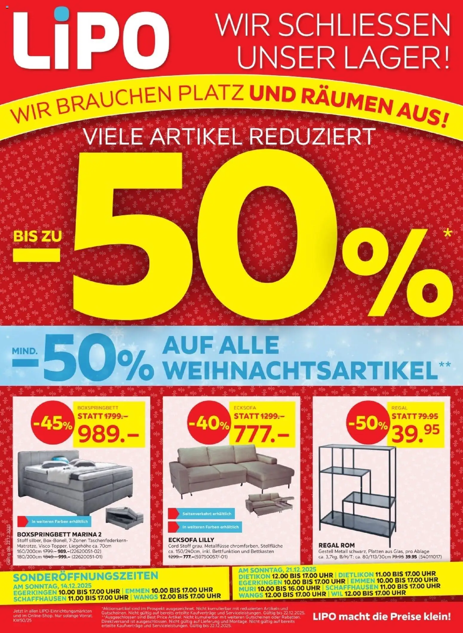 Vorschau des Merkblatts Aktionen -50% vom Shop Lipo gültig von 09.12.2025 bis 22.12.2025 - Uhr, Boxspringbett, Ecksofa, Regal