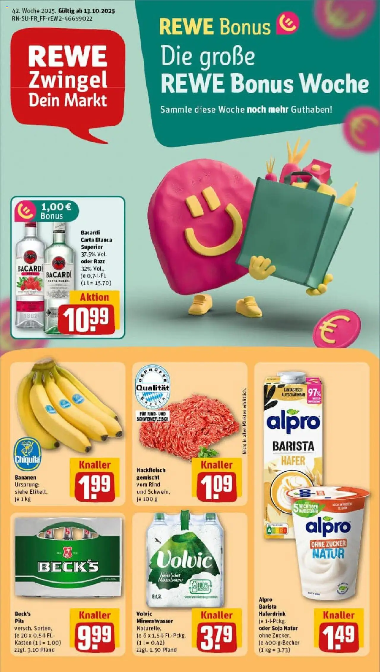 Vorschau von dem Prospekt des Geschäftes Rewe, gültig ab dem 13.10.2025 - Bananen, Mineralwasser, Hackfleisch, Bacardi, Rum, Zucker, Schweinefleisch, Haferdrink