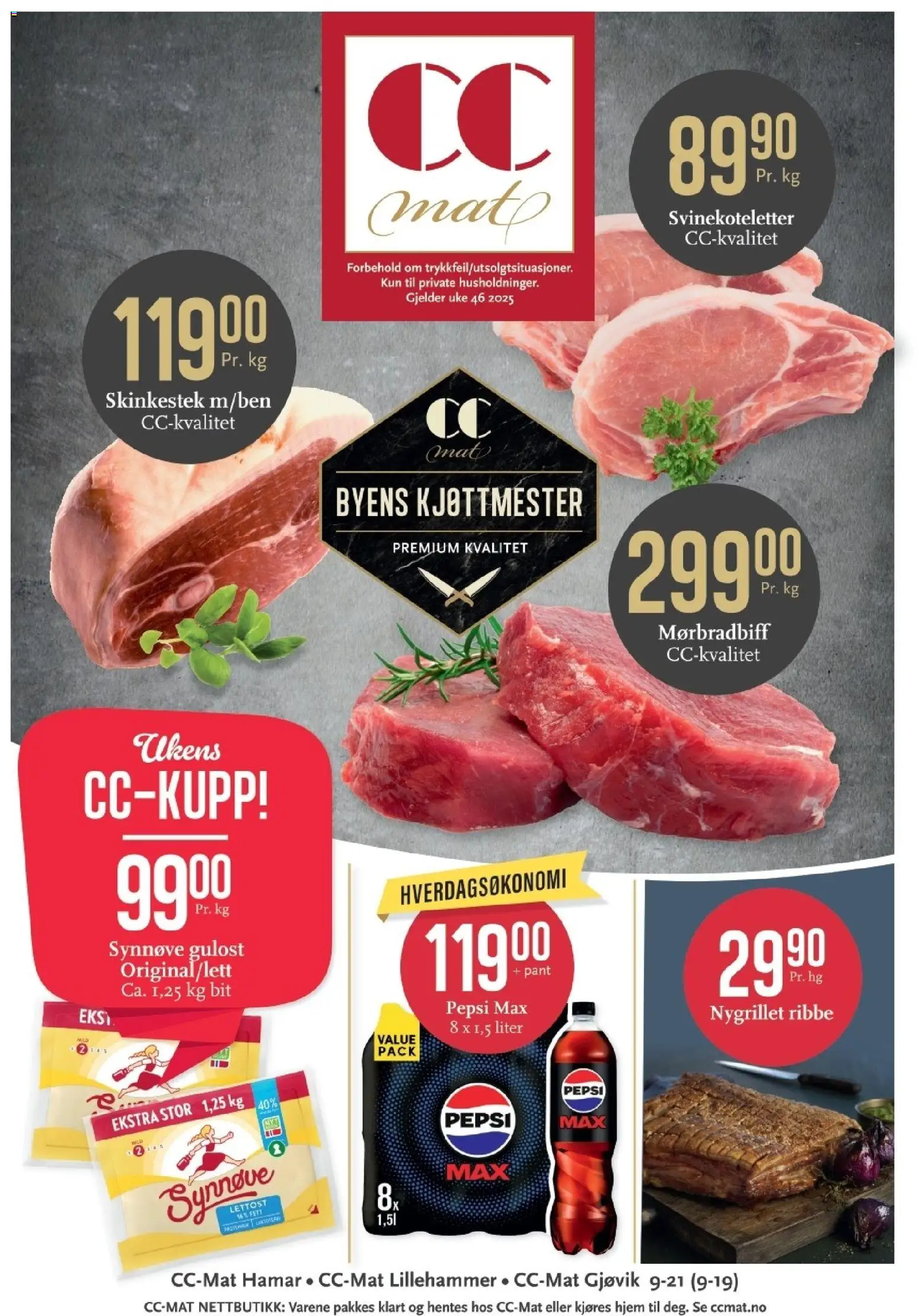 Forhåndsvis Kundeavis fra butikk CC Mat gyldig fra 10/11/2025 - Pepsi Max, Gulost, Ribbe, Pepsi, Skinkestek, Svinekoteletter