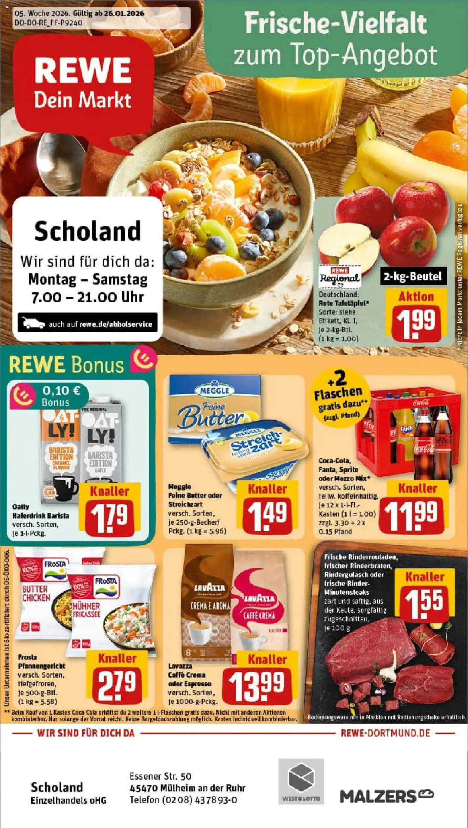 Vorschau von dem Prospekt des Geschäftes Rewe, gültig ab dem 26.01.2026 - Uhr, Telefon, Butter, Rindergulasch, Lavazza, Frosta, Sprite, Haferdrink