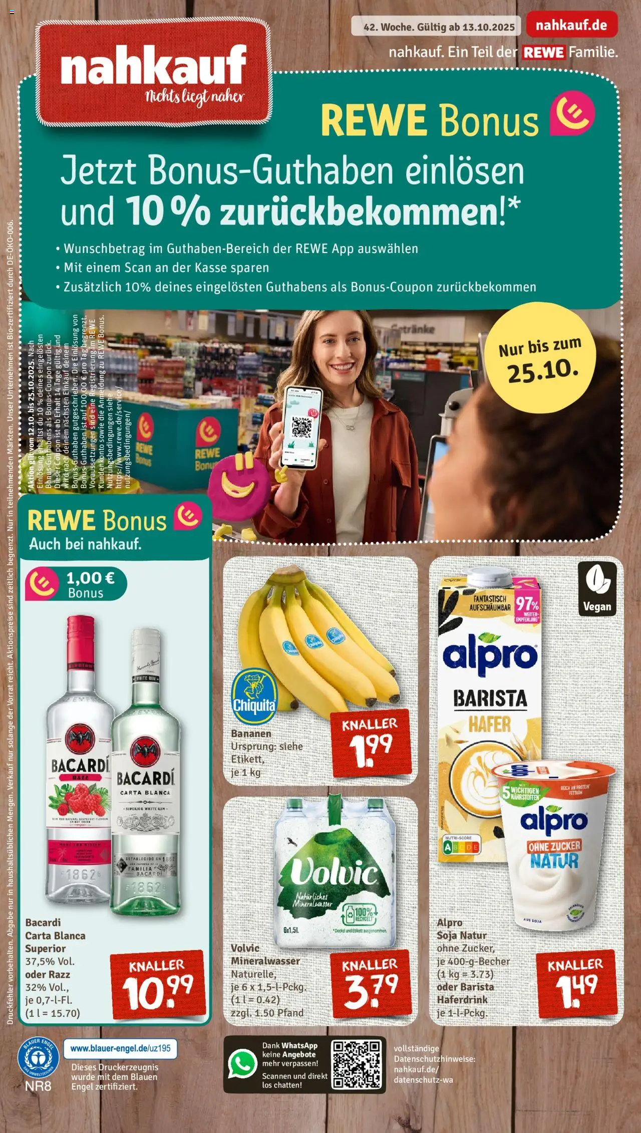 Nahkauf Prospekt (vom 13.10.2025 - 18.10.2025) - Bananen, Mineralwasser, Bacardi, Rum, Zucker, Volvic, Alpro, Haferdrink