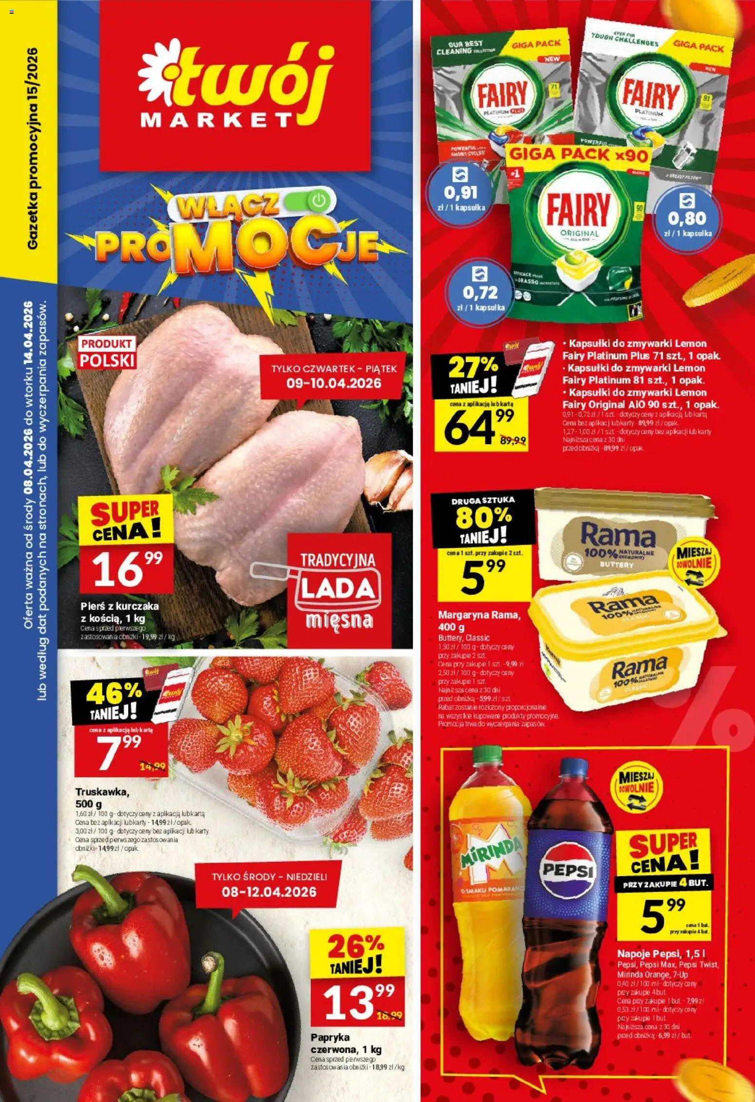 Pogląd gazetki "Twój Market gazetka" ze sklepu Twój Market ważnej od 08.04.2026 - Pierś z kurczaka, Kapsułki do zmywarki, Pepsi, Karta, Margaryna, Fairy, Napoje, Kapsułki