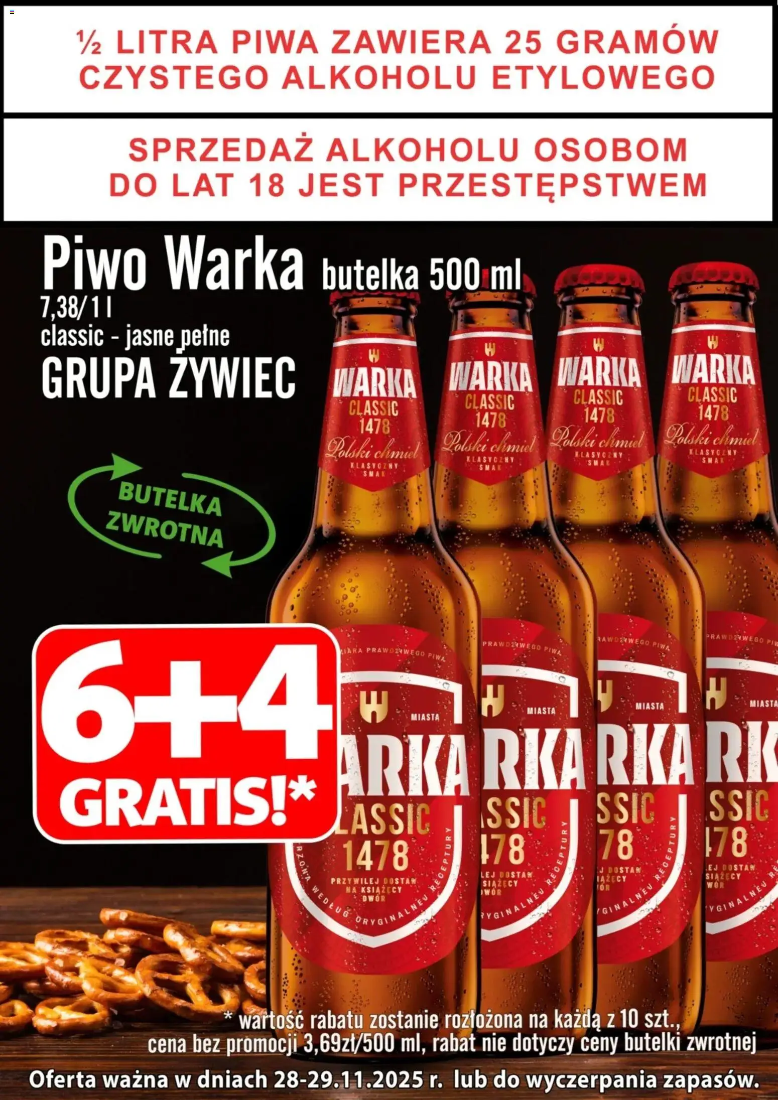 Pogląd gazetki "Promocja - Piwo Warka Classic Jasne Pełne 6+4 Gratis" ze sklepu Prim Market ważnej od 28.11.2025