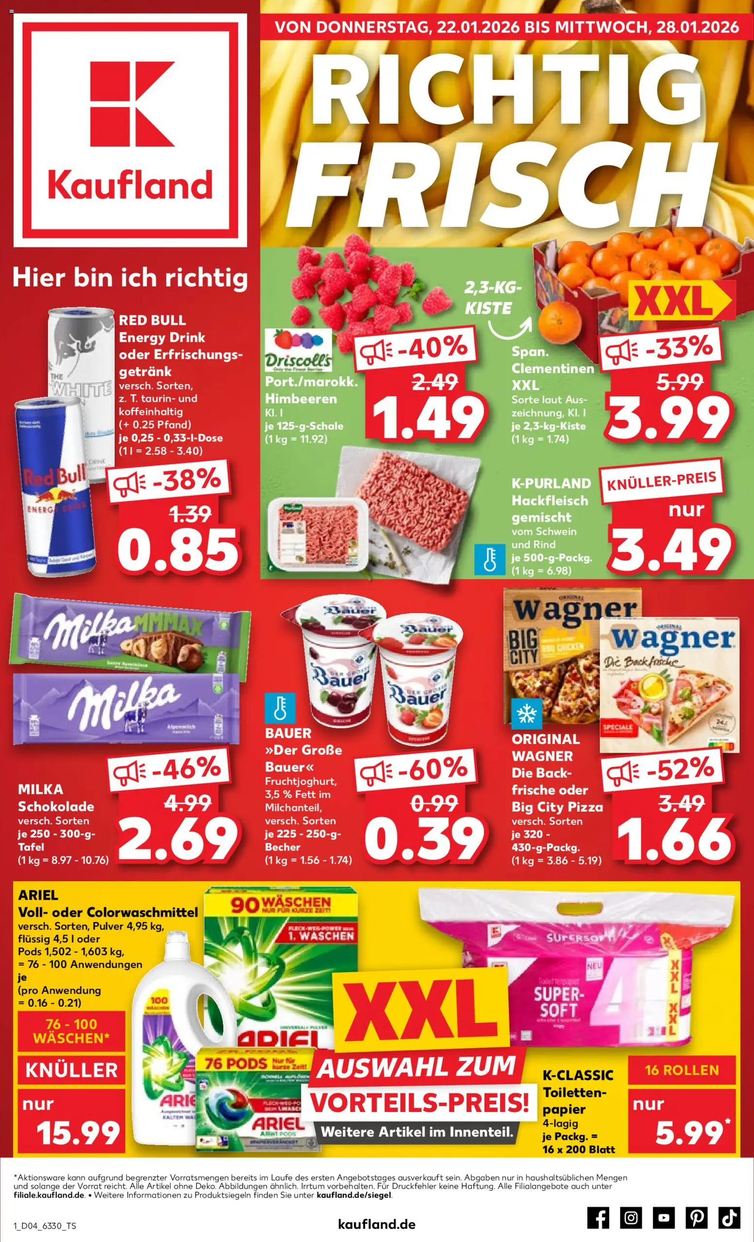 Vorschau von dem Prospekt des Geschäftes Kaufland, gültig ab dem 22.01.2026 - Red bull, Schokolade, Himbeeren, Toilettenpapier, Milka schokolade, Hackfleisch, Milka, Ariel
