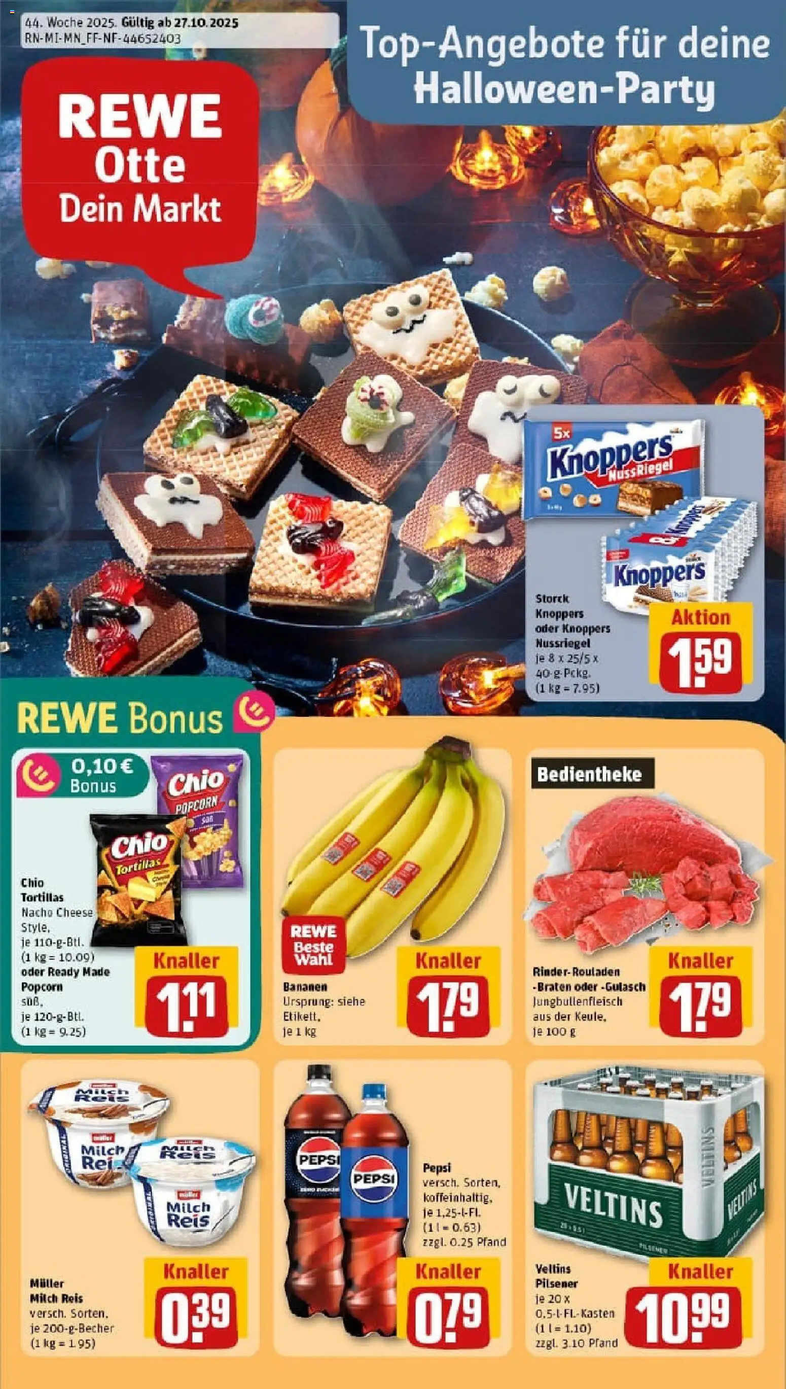 Vorschau von dem Prospekt des Geschäftes Rewe, gültig ab dem 26.10.2025 - Tortillas, Rinderrouladen, Milch, Reis, Pudding, Knoppers, Pepsi, Chio tortillas