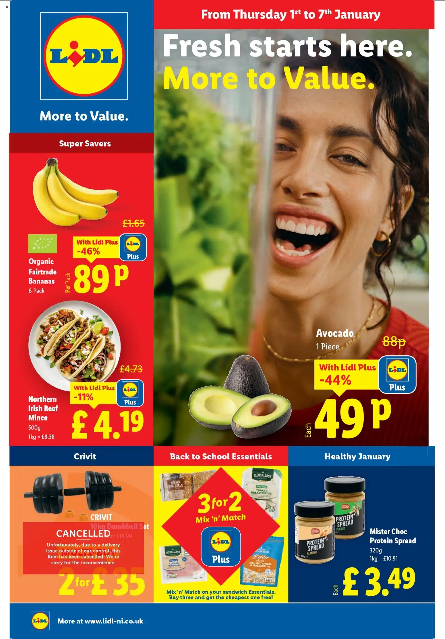 Preview of Lidl More to value valid from 01/01/2026 - Turkey, Cheese, Bananas, Avocado, Protein, Beef, Peanut, Spread