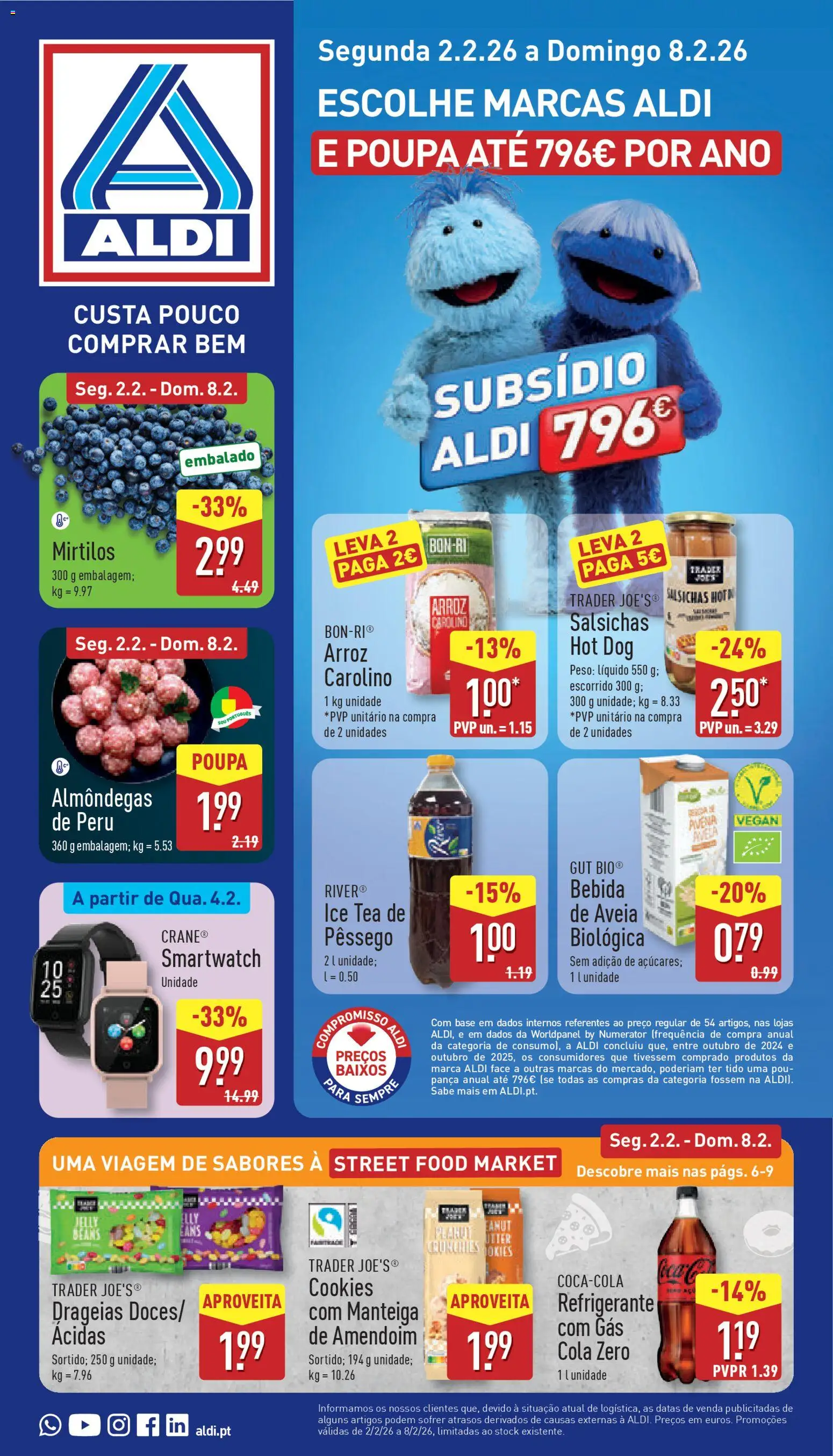 Pré-visualização do folheto da loja Aldi válida a partir de 02/02/2026 - Smartwatch, Peru, Base, Bebida, Aveia, Salsichas, Manteiga, Refrigerante