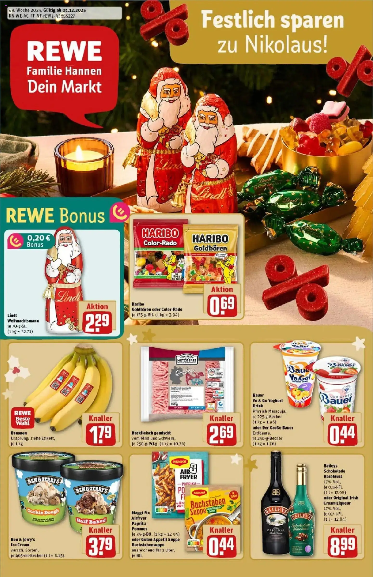 Vorschau von dem Prospekt des Geschäftes Rewe, gültig ab dem 01.12.2025 - Haribo, Lindt, Pommes, Maggi, Bananen, Baileys, Paprika, Ben & Jerry's