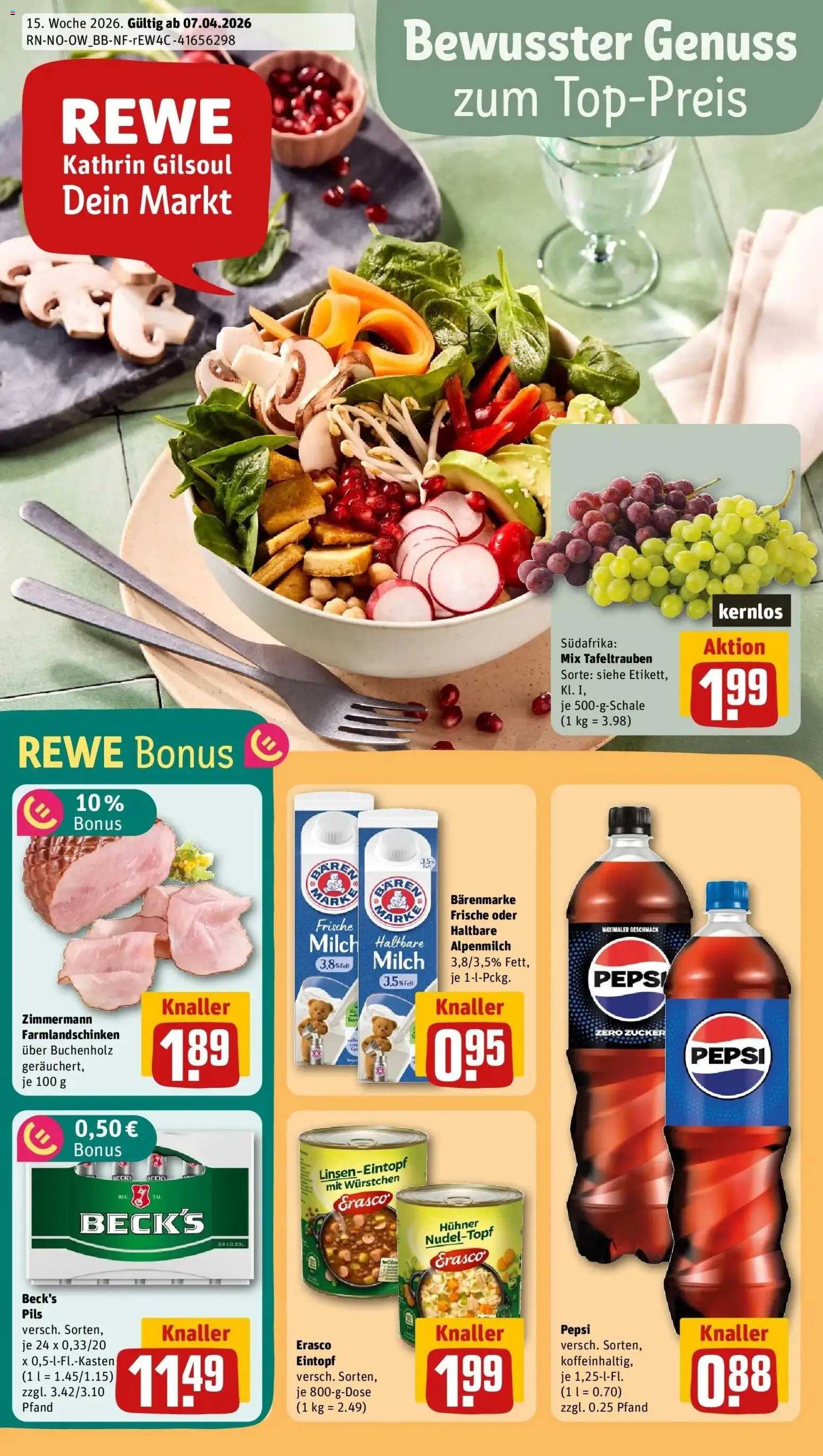 Vorschau von dem Prospekt des Geschäftes Rewe, gültig ab dem 05.04.2026 - Milch, Zucker, Pepsi, Haltbare milch, Pils, Erasco