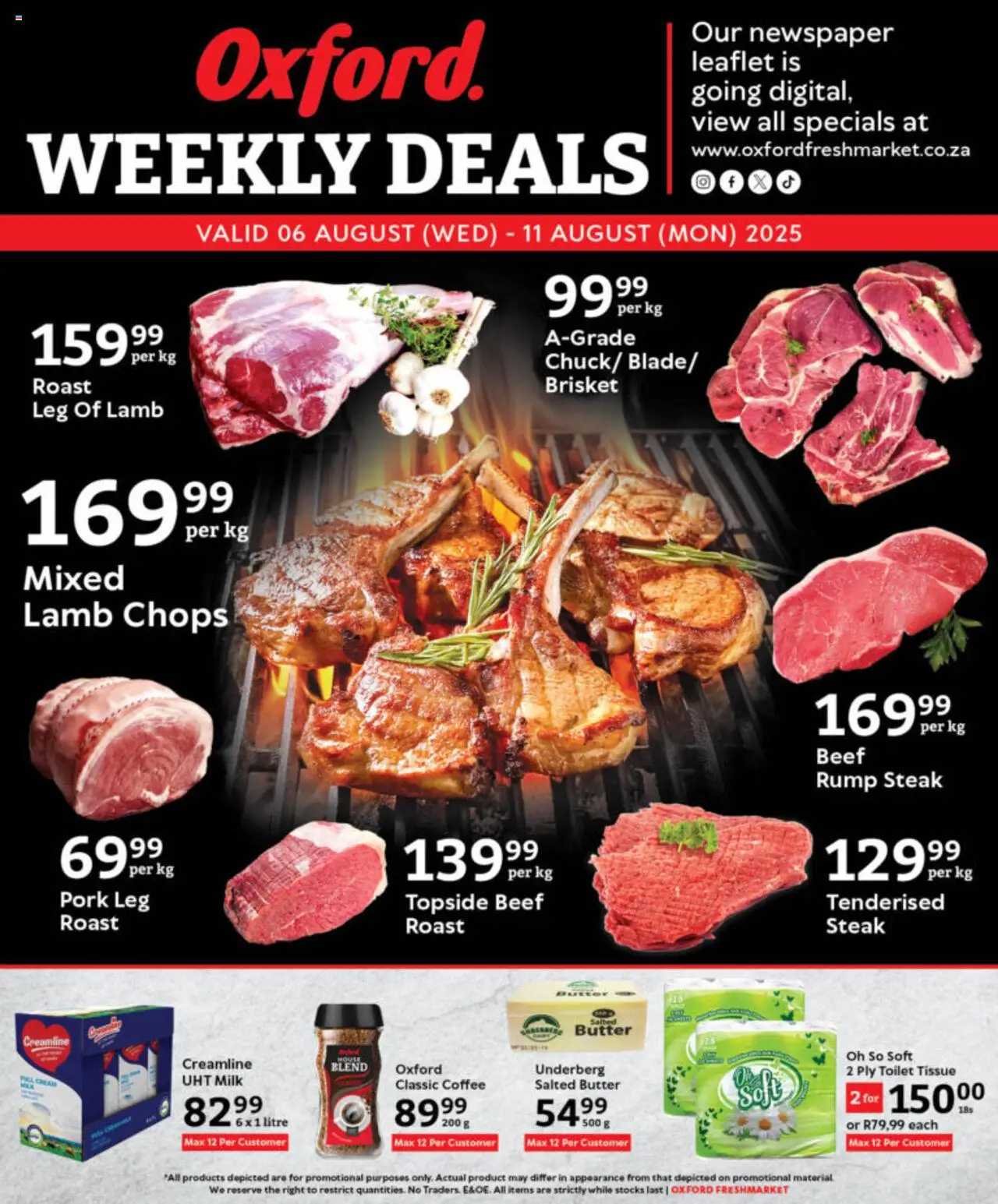 Oxford Freshmarket Specials from 06/08 - 11/08/2025 > Promotions - Toilet, Milk, Butter, Steak, Rump steak, Pork, Beef, Beef roast