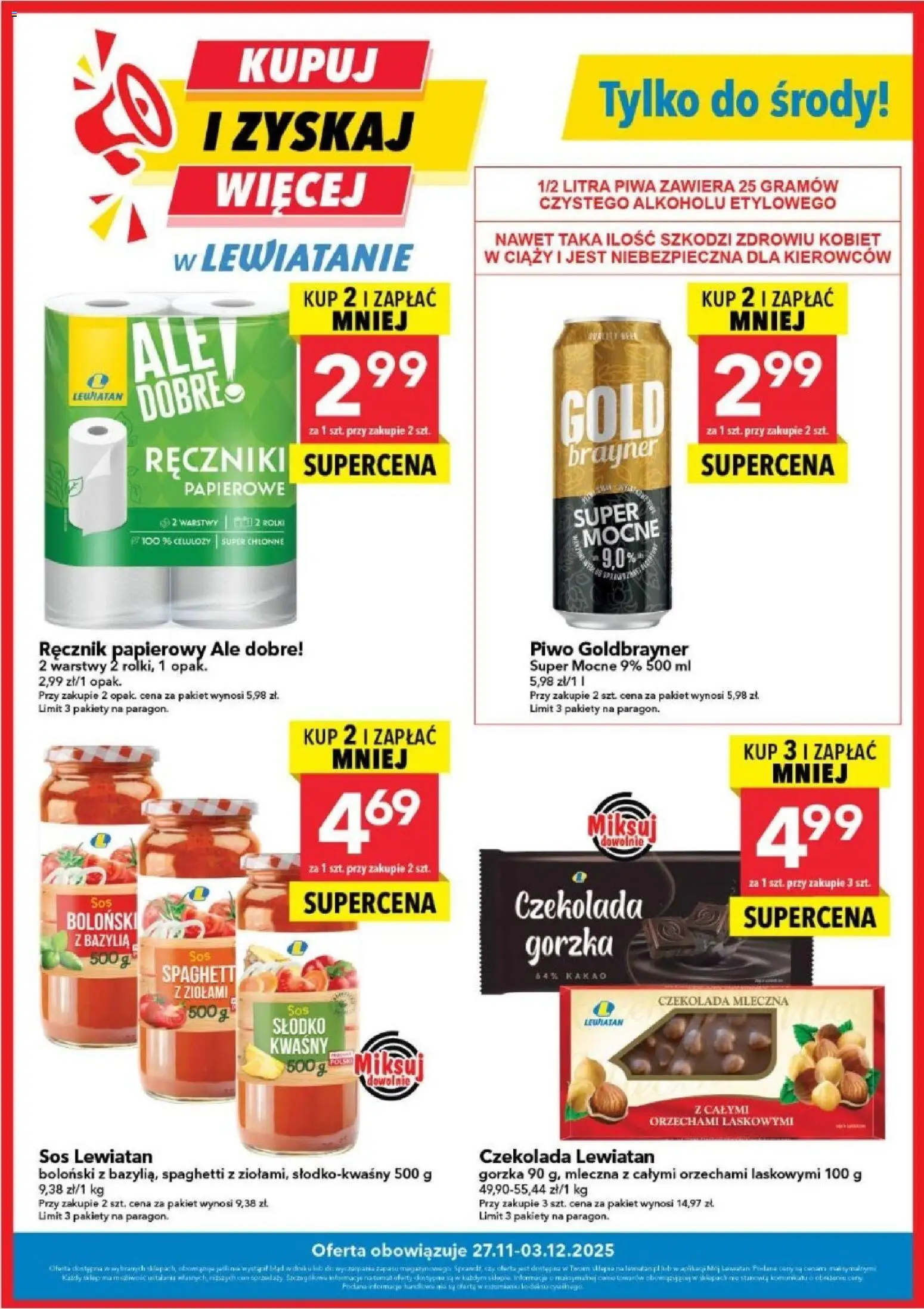 Pogląd gazetki "Kupuj i zyskaj więcej" ze sklepu Lewiatan ważnej od 27.11.2025 - Piwo, Czekolada, Spaghetti, Kakao, Bazylia, Sos, Ręcznik papierowy, Czekolada mleczna