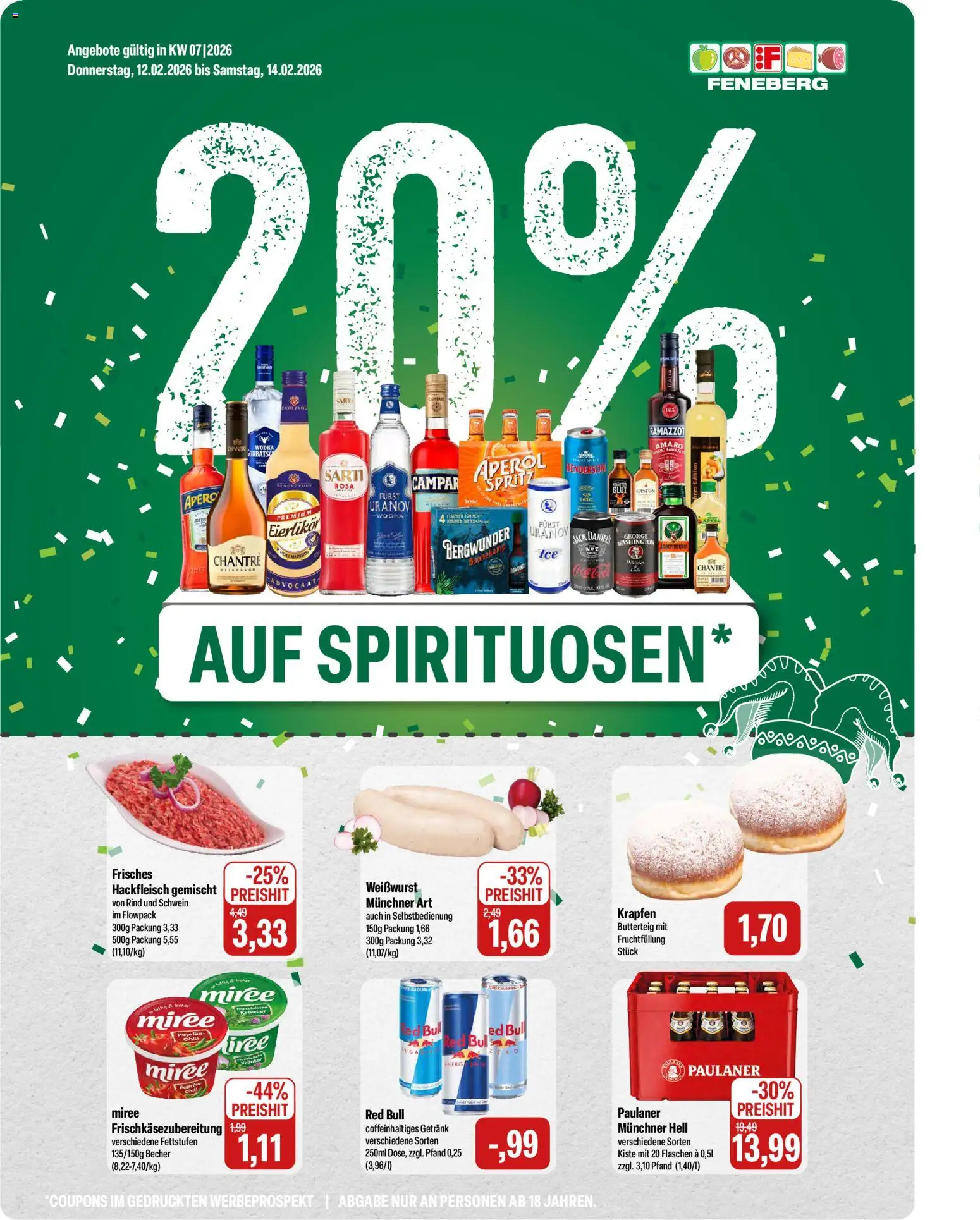 Vorschau von dem Prospekt des Geschäftes Feneberg, gültig ab dem 12.02.2026 - Red bull, Hackfleisch, Krapfen, Paulaner, Weißwurst, Wodka, Jack Daniel's, Chantré