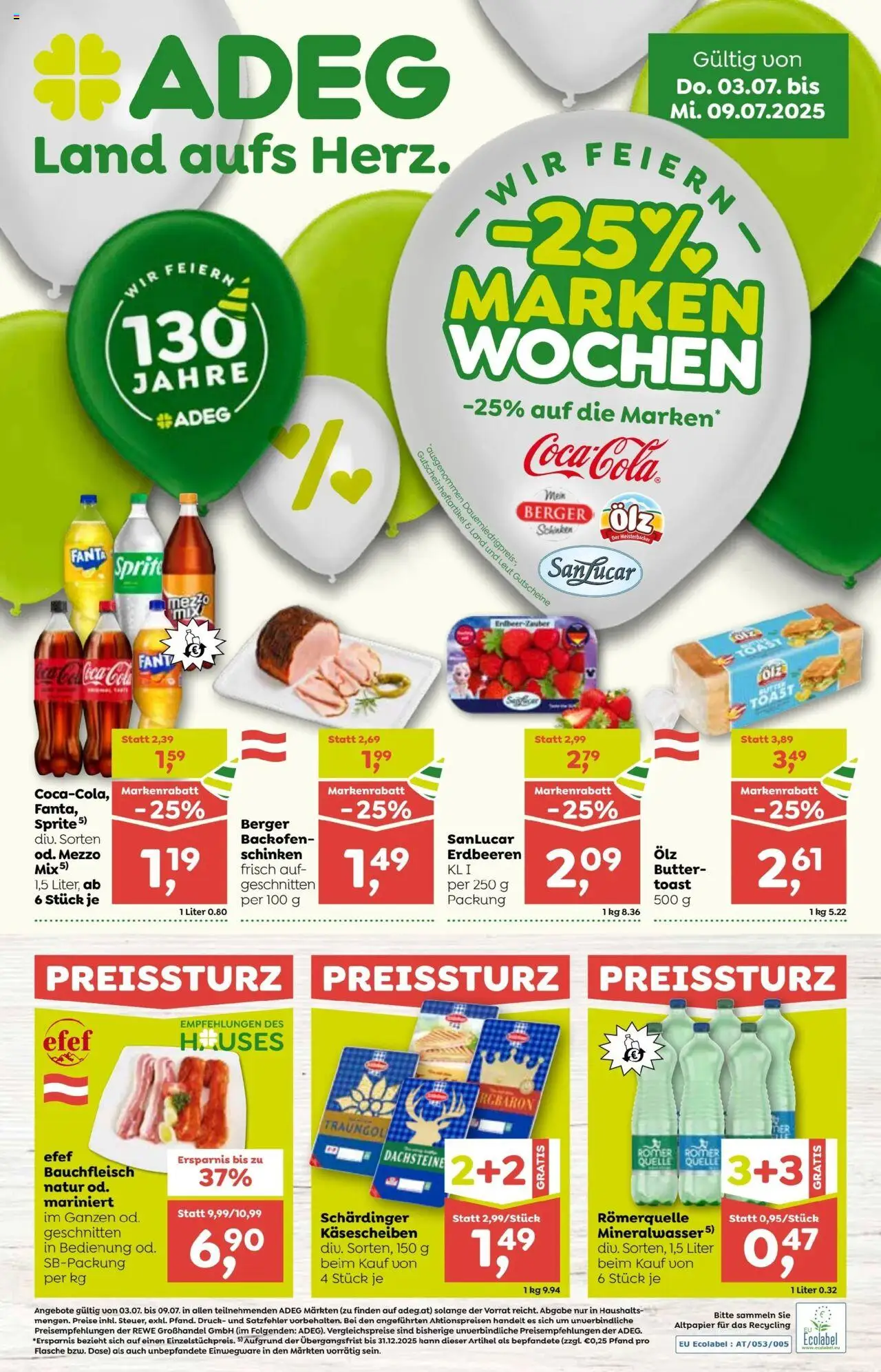  ADEG Flugblatt ab (03.07.2025 - 09.07.2025) - Seite 1 - Butter, Schinken, Erdbeeren, Fanta